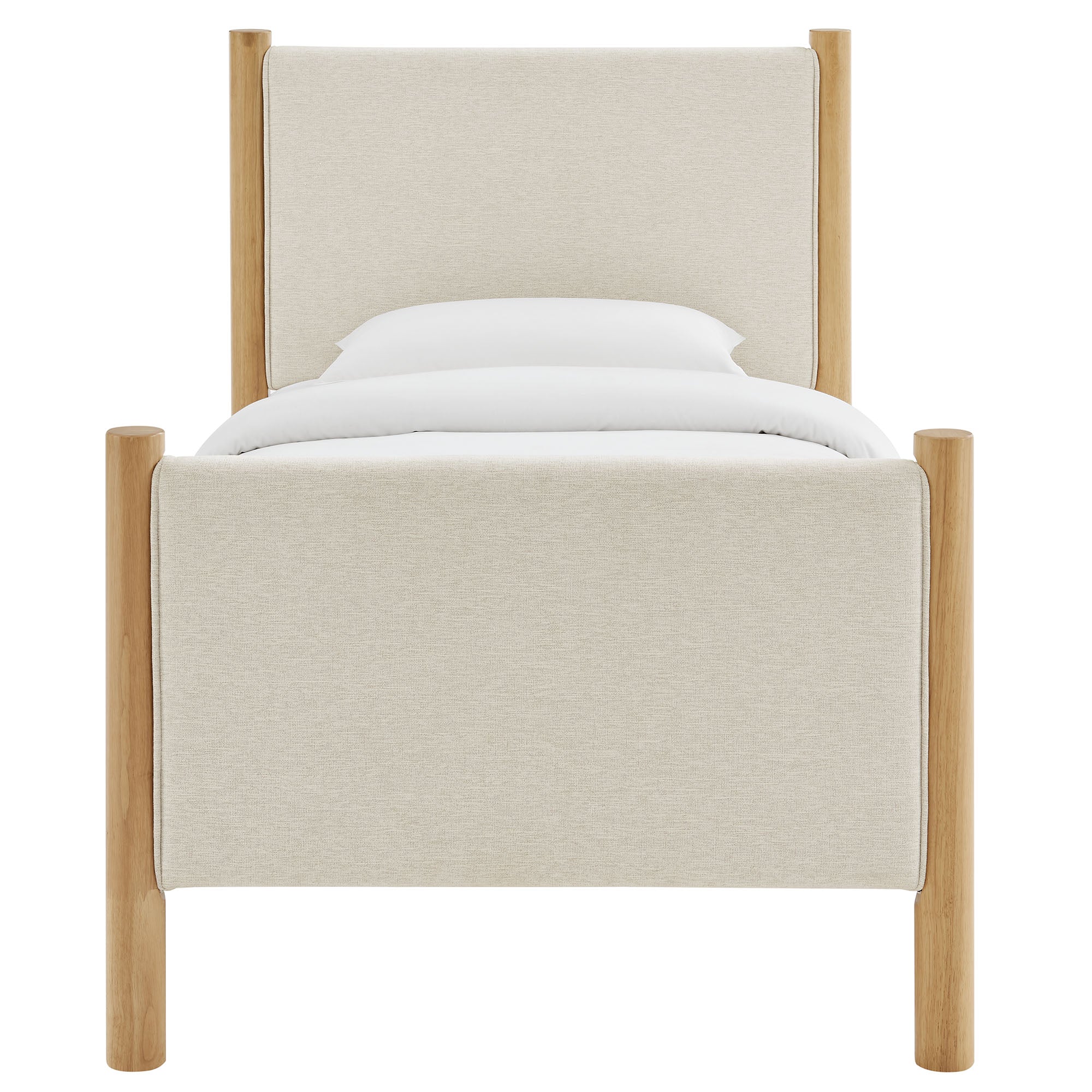 Maven Twin Size Fabric Upholstered Platform Bed, Ivory Oak