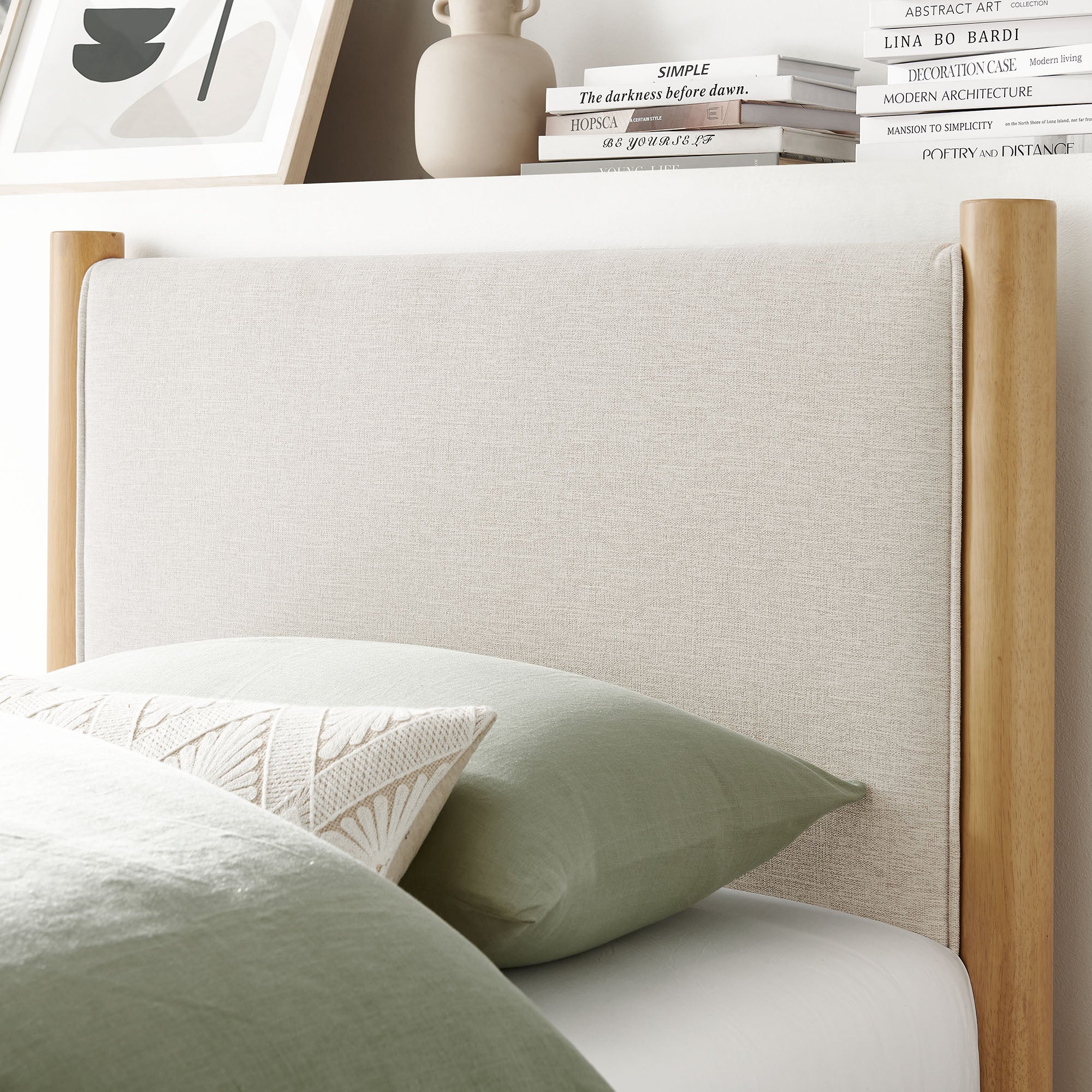 Maven Twin Size Fabric Upholstered Platform Bed, Ivory Oak