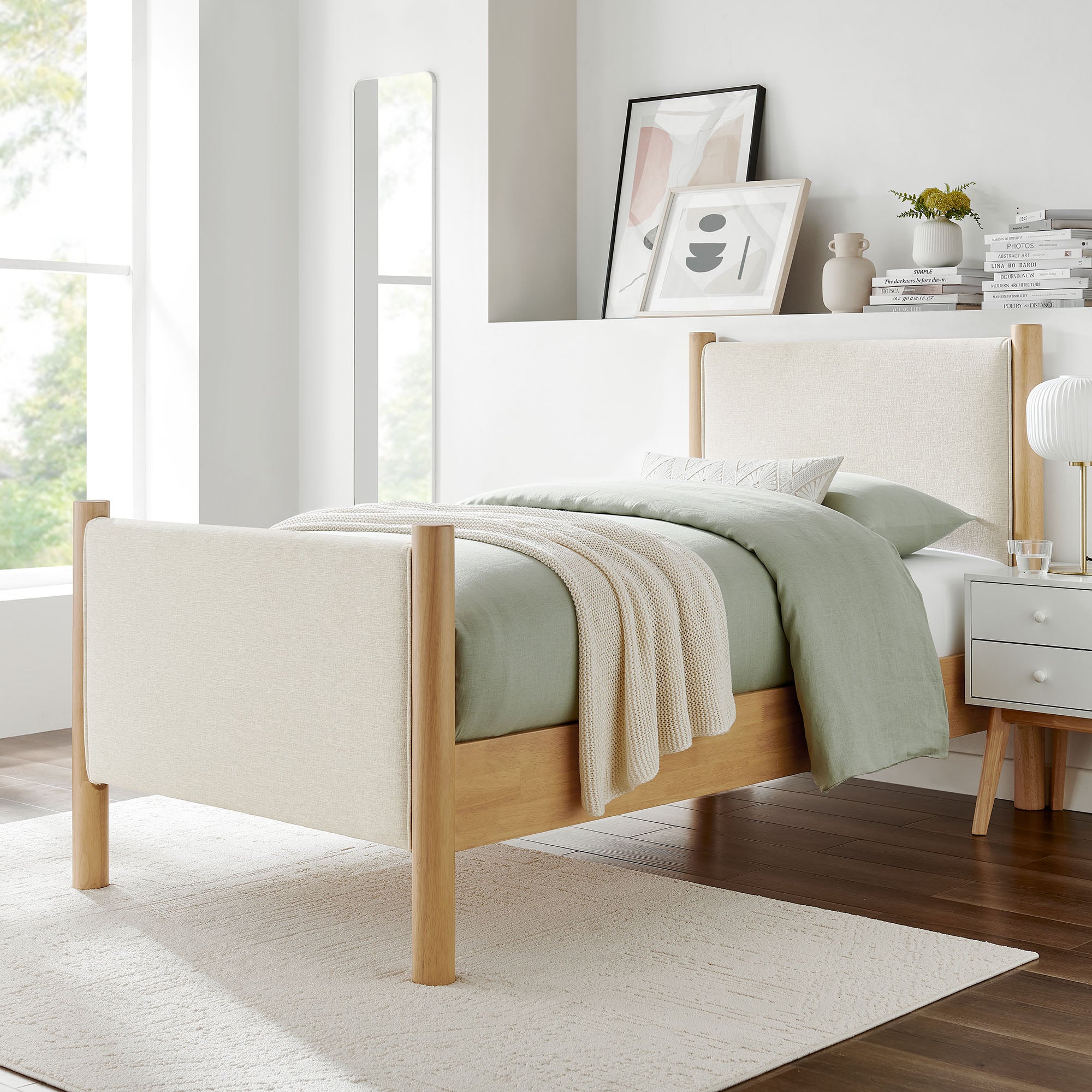 Maven Twin Size Fabric Upholstered Platform Bed, Ivory Oak