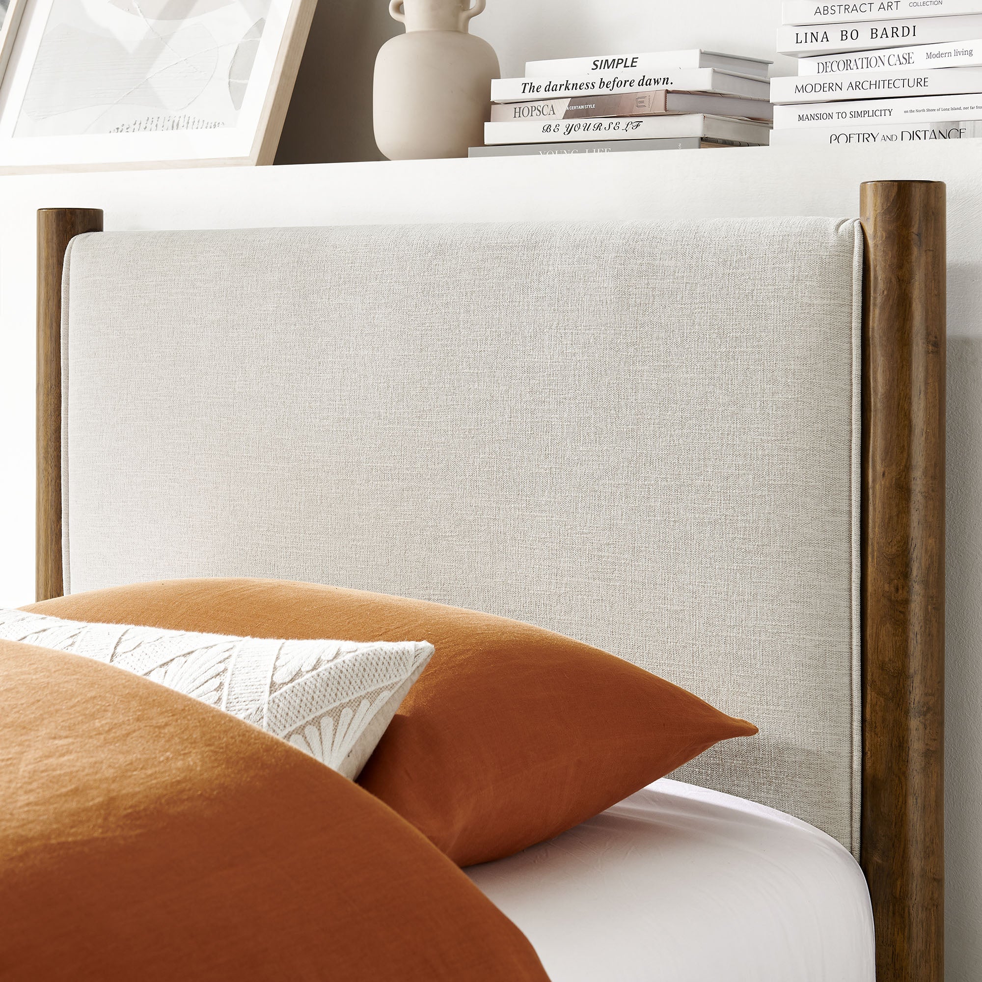 Maven Twin Size Fabric Upholstered Platform Bed, Ivory Walnut