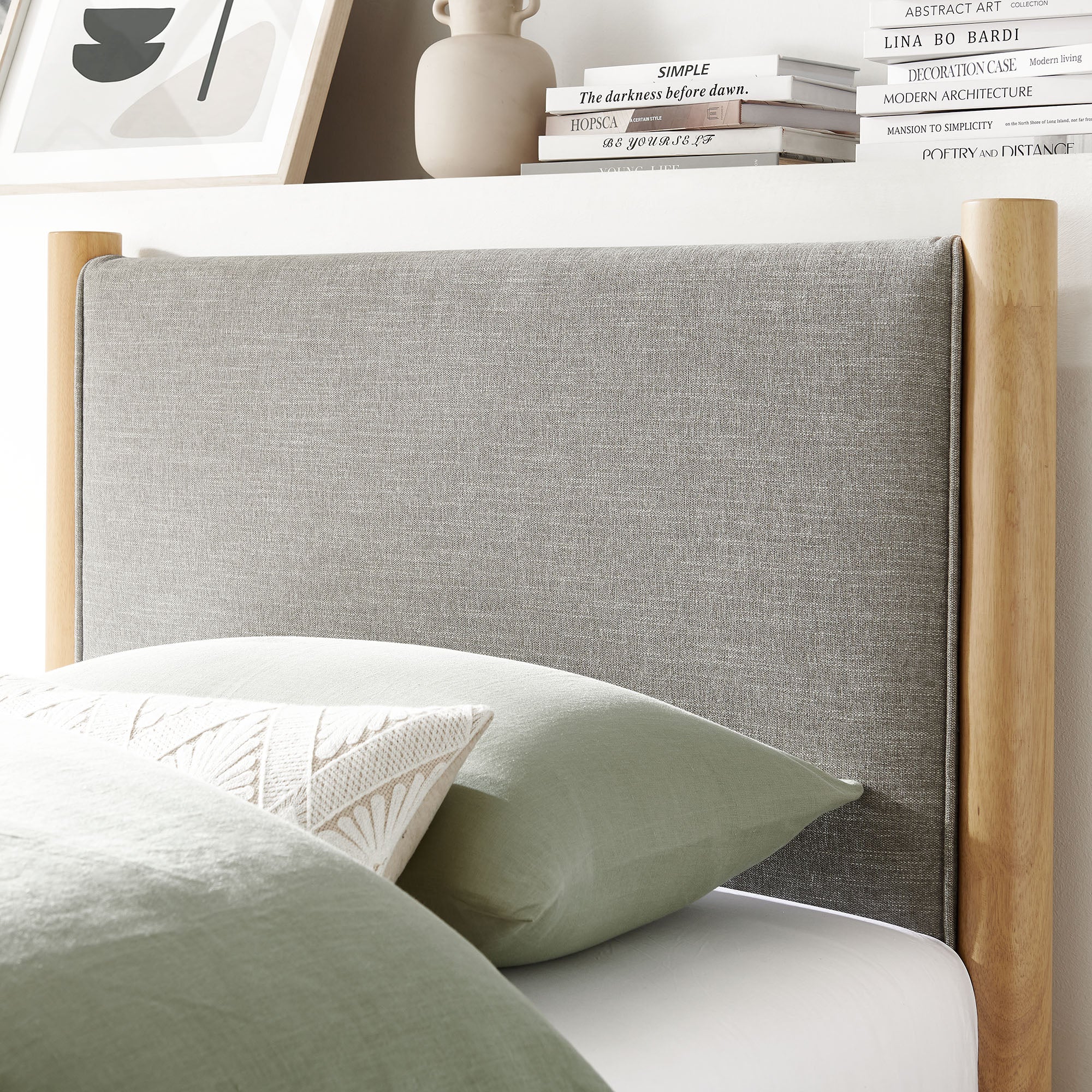 Maven Twin Size Fabric Upholstered Platform Bed, Wheat Oak