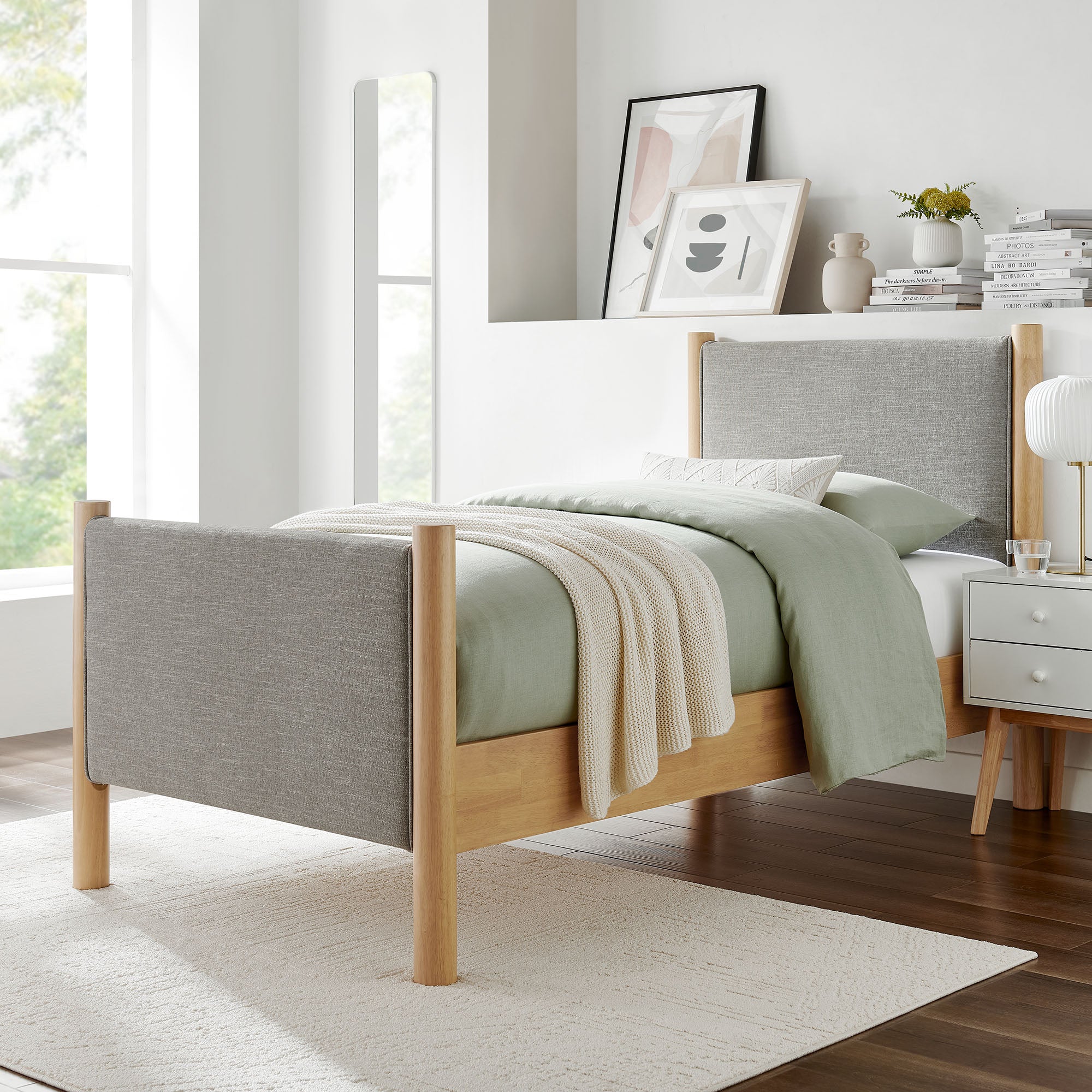Maven Twin Size Fabric Upholstered Platform Bed, Wheat Oak