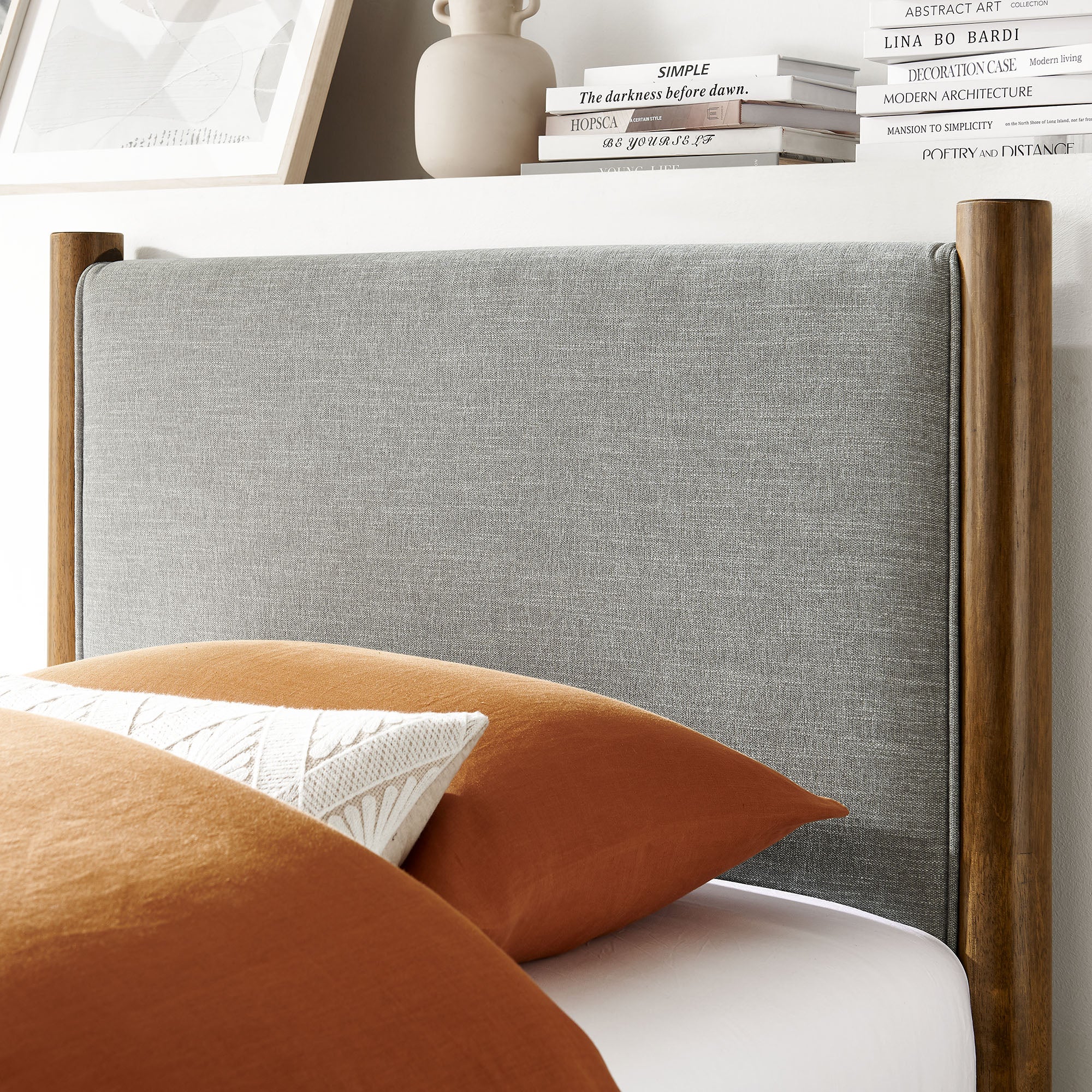 Maven Twin Size Fabric Upholstered Platform Bed, Wheat Walnut