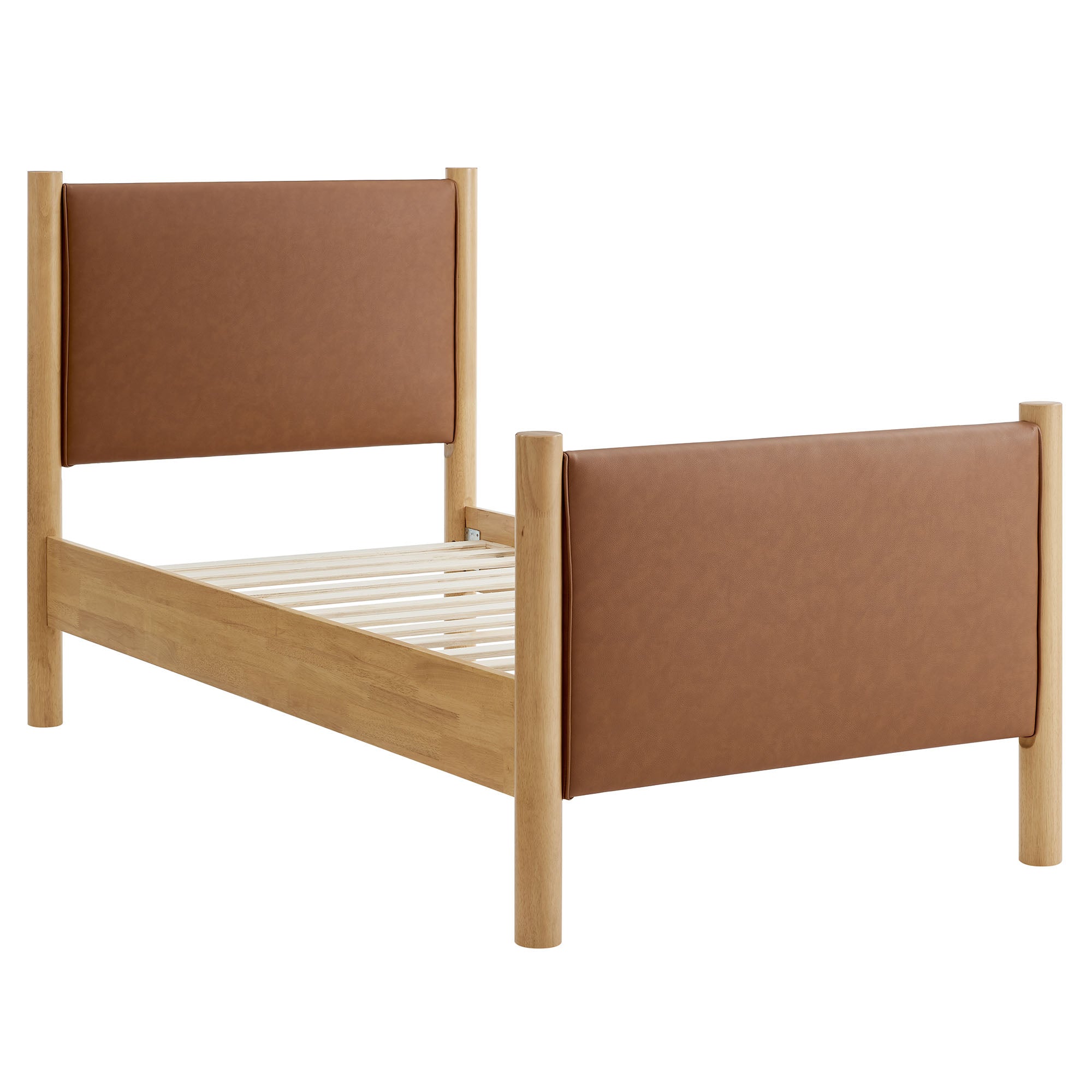 Maven Twin Size Vegan Leather Upholstered Platform Bed, Tan Oak