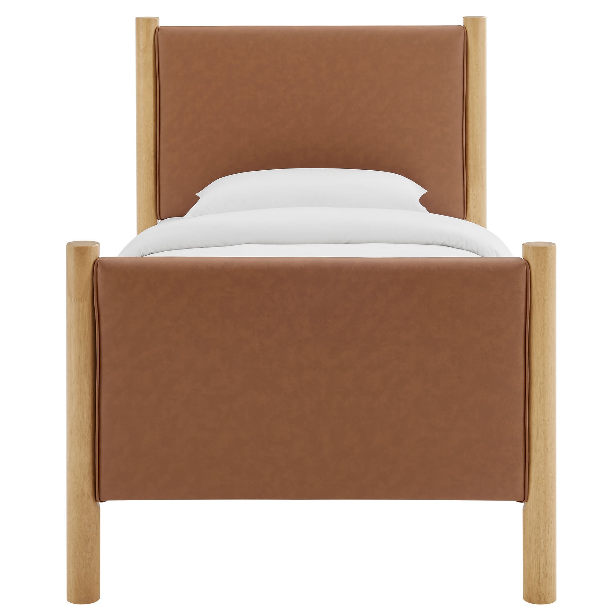 Maven Twin Size Vegan Leather Upholstered Platform Bed, Tan Oak