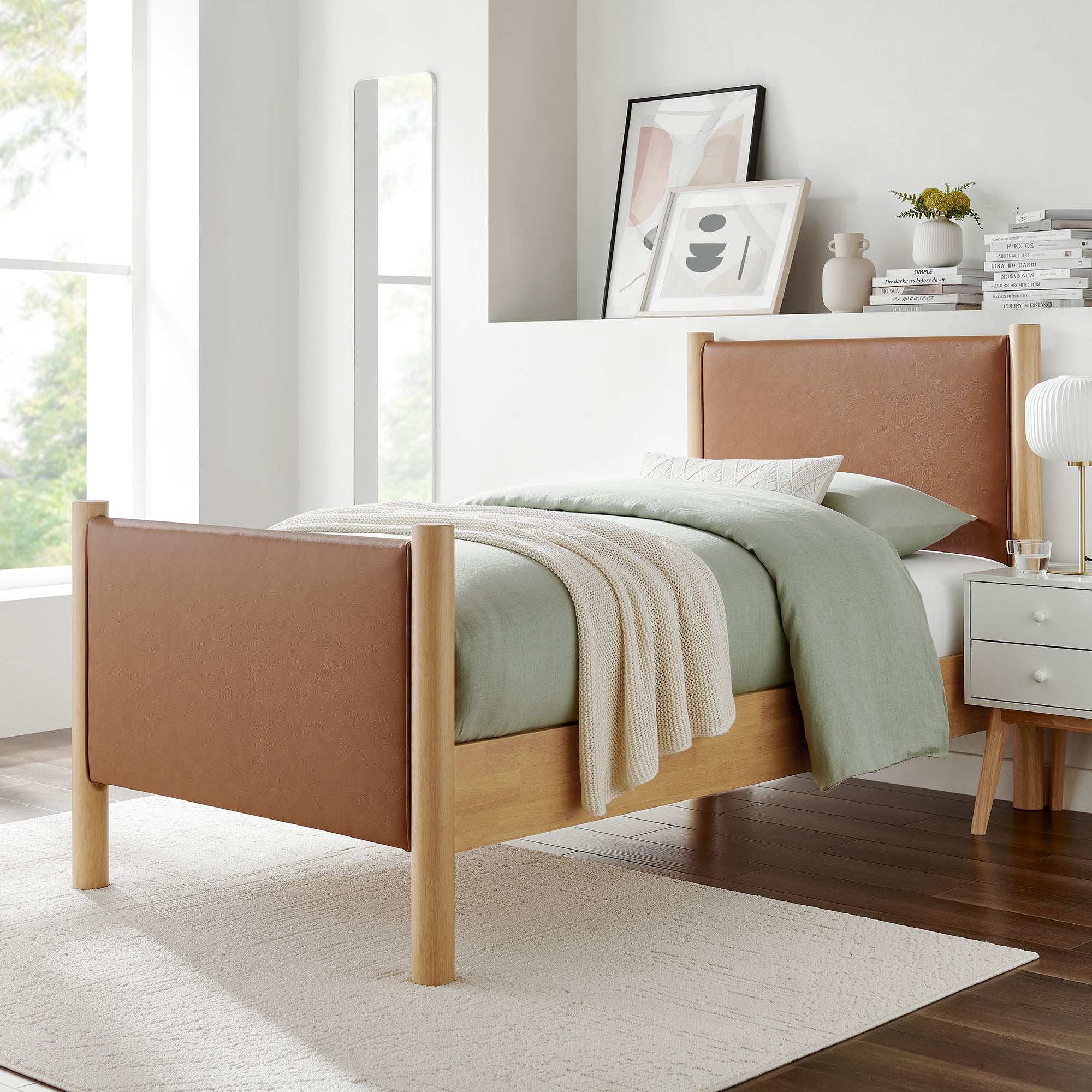 Maven Twin Size Vegan Leather Upholstered Platform Bed, Tan Oak
