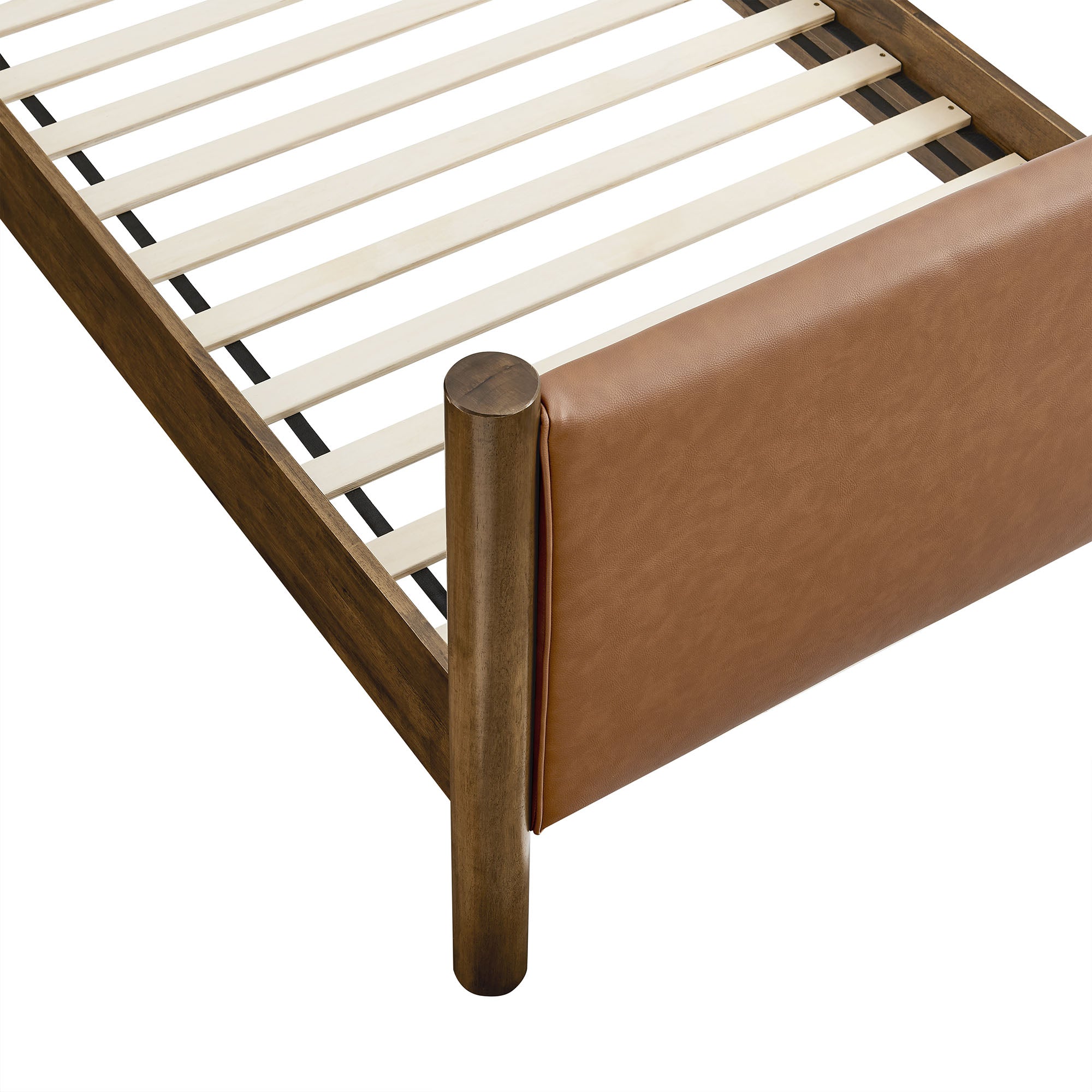 Maven Twin Size Vegan Leather Upholstered Platform Bed, Tan Walnut