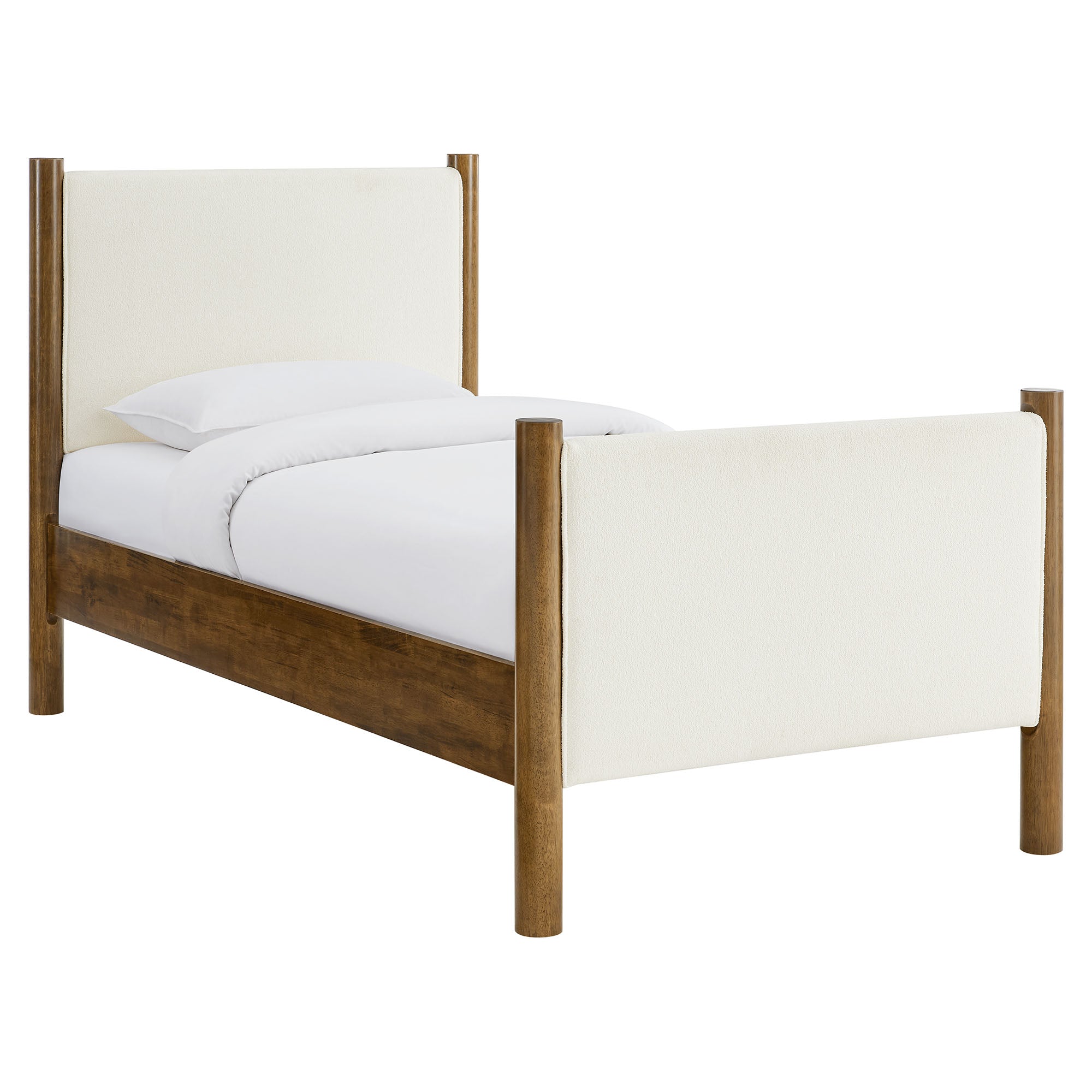 Maven Twin Size Boucle Upholstered Platform Bed, Feather Walnut