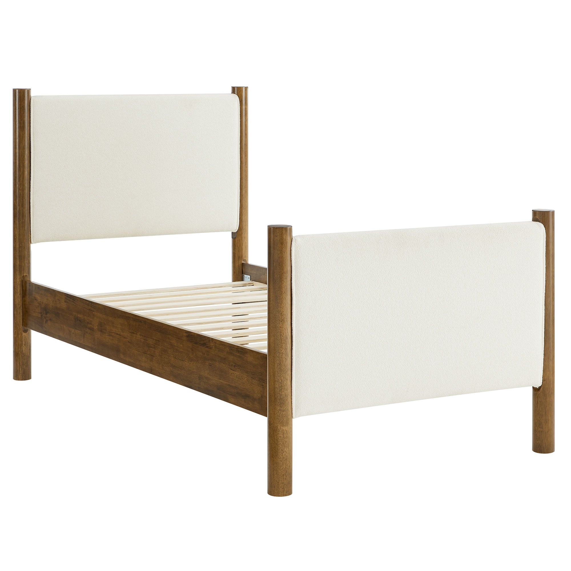 Maven Twin Size Boucle Upholstered Platform Bed, Feather Walnut
