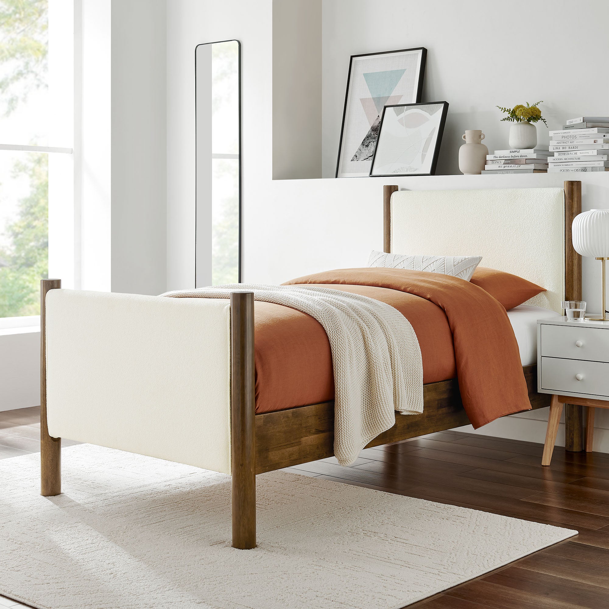 Maven Twin Size Boucle Upholstered Platform Bed, Feather Walnut