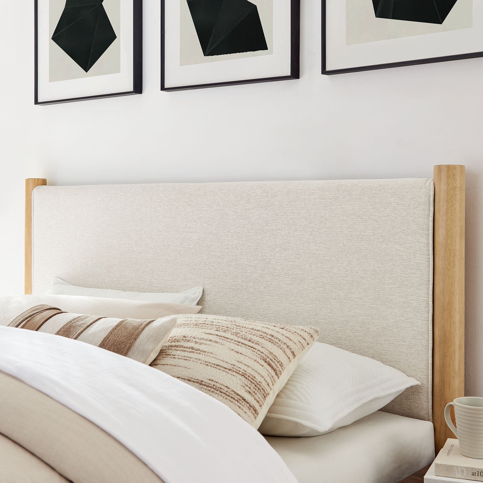 Maven Full Size Fabric Upholstered Platform Bed, Ivory Oak