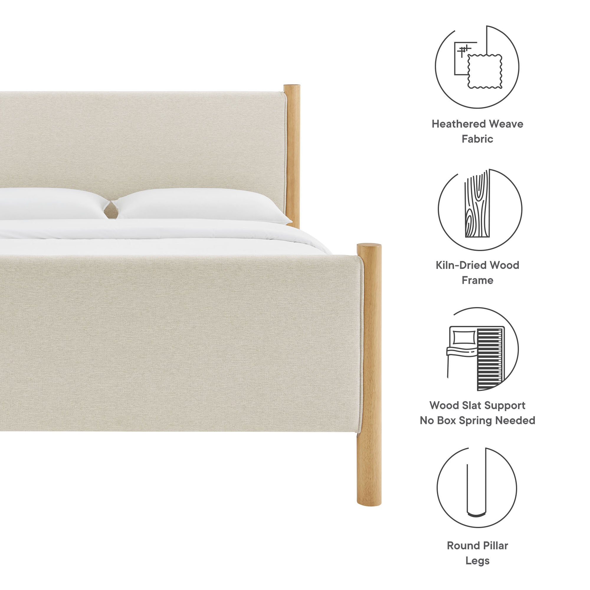 Maven Queen Size Fabric Upholstered Platform Bed, Ivory Oak