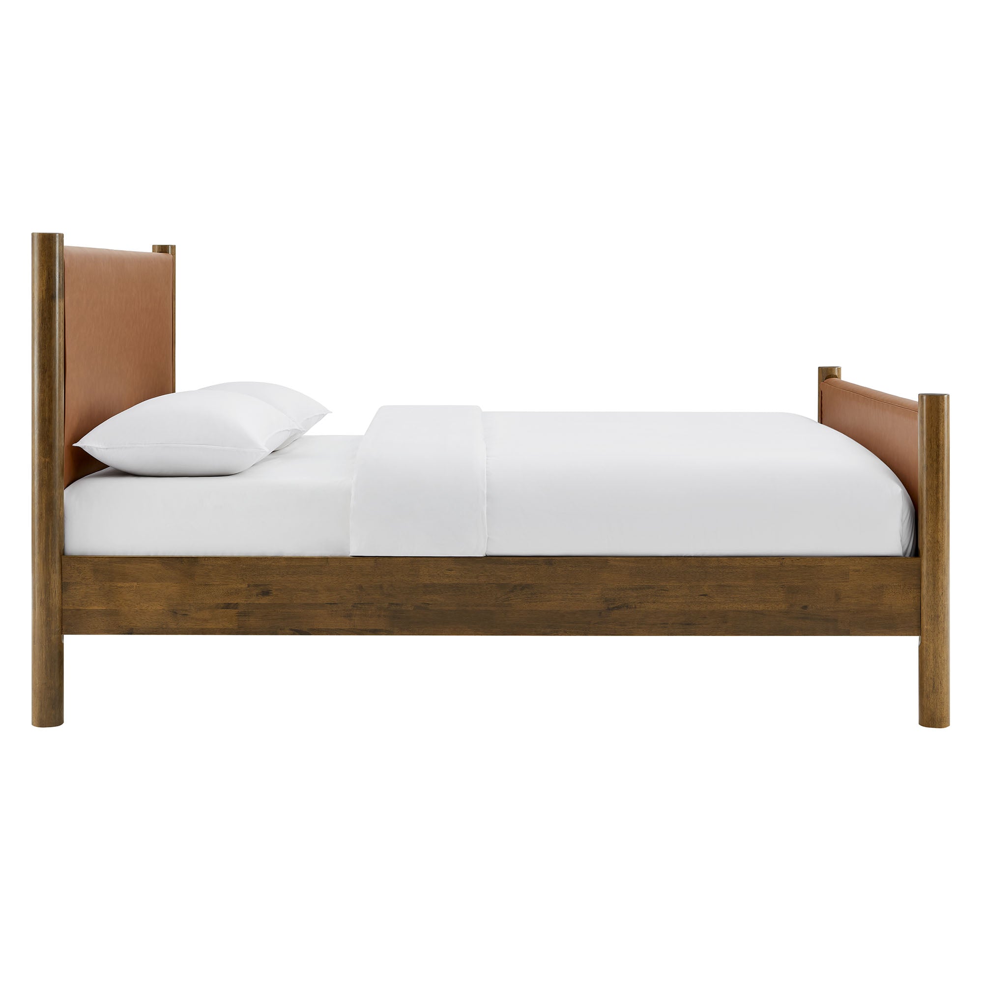 Maven Queen Size Vegan Leather Upholstered Platform Bed, Tan Walnut