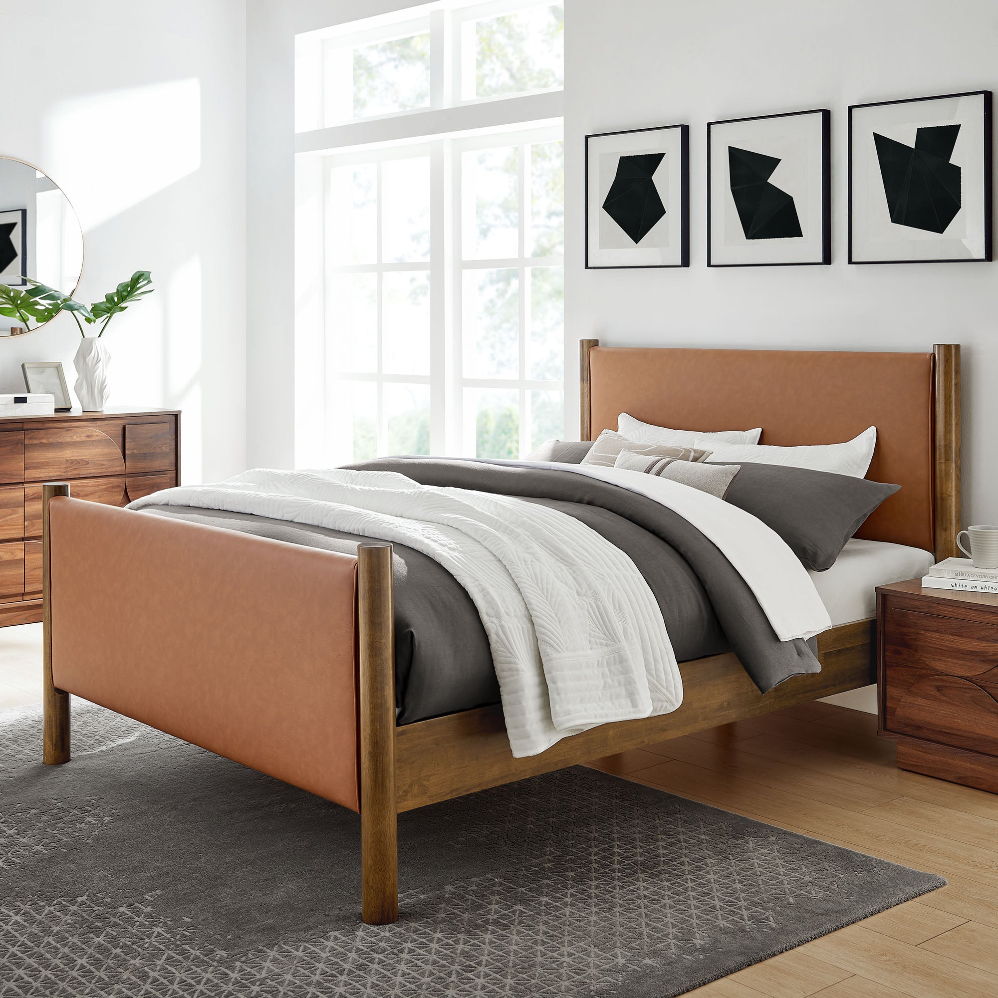 Maven Queen Size Vegan Leather Upholstered Platform Bed, Tan Walnut