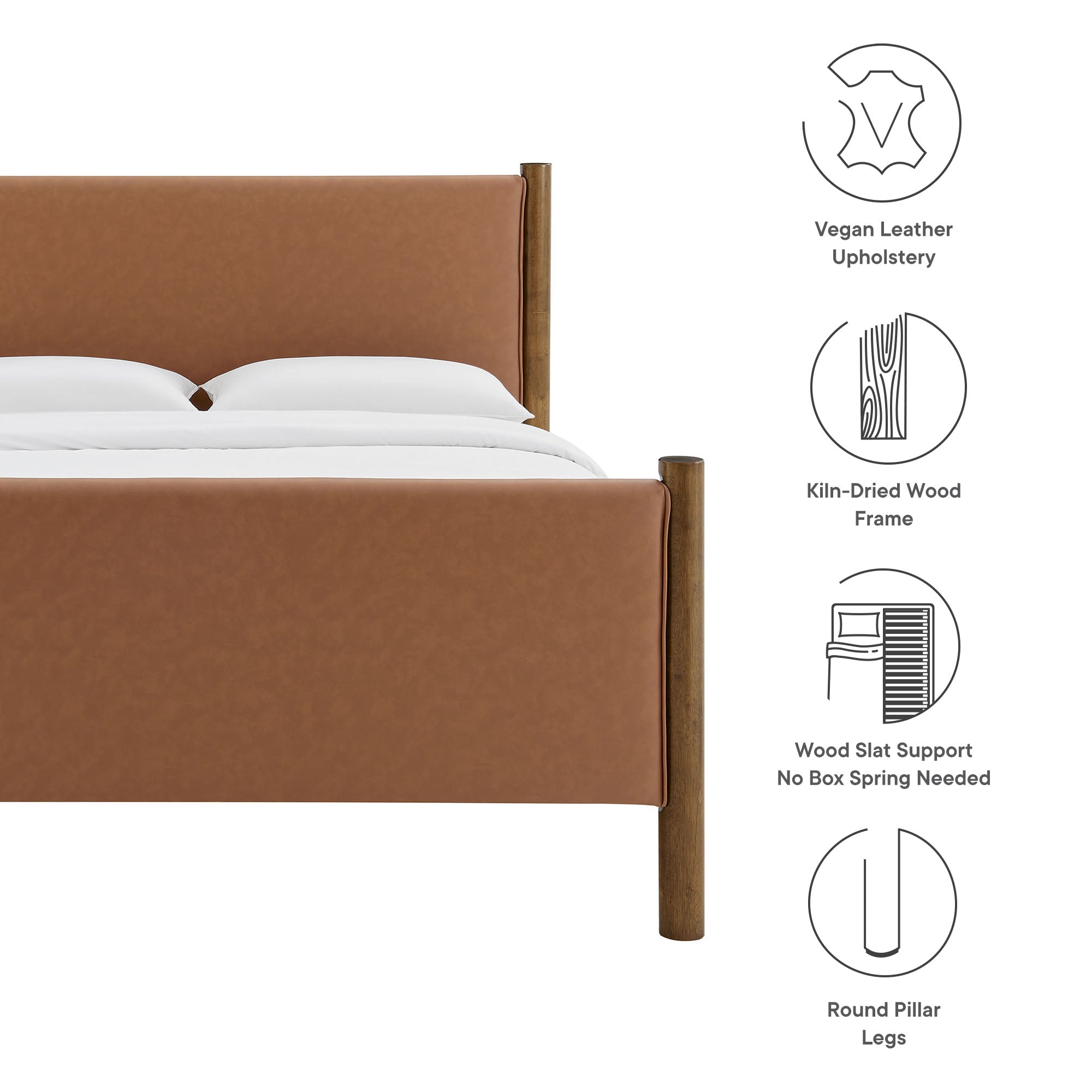 Maven Queen Size Vegan Leather Upholstered Platform Bed, Tan Walnut