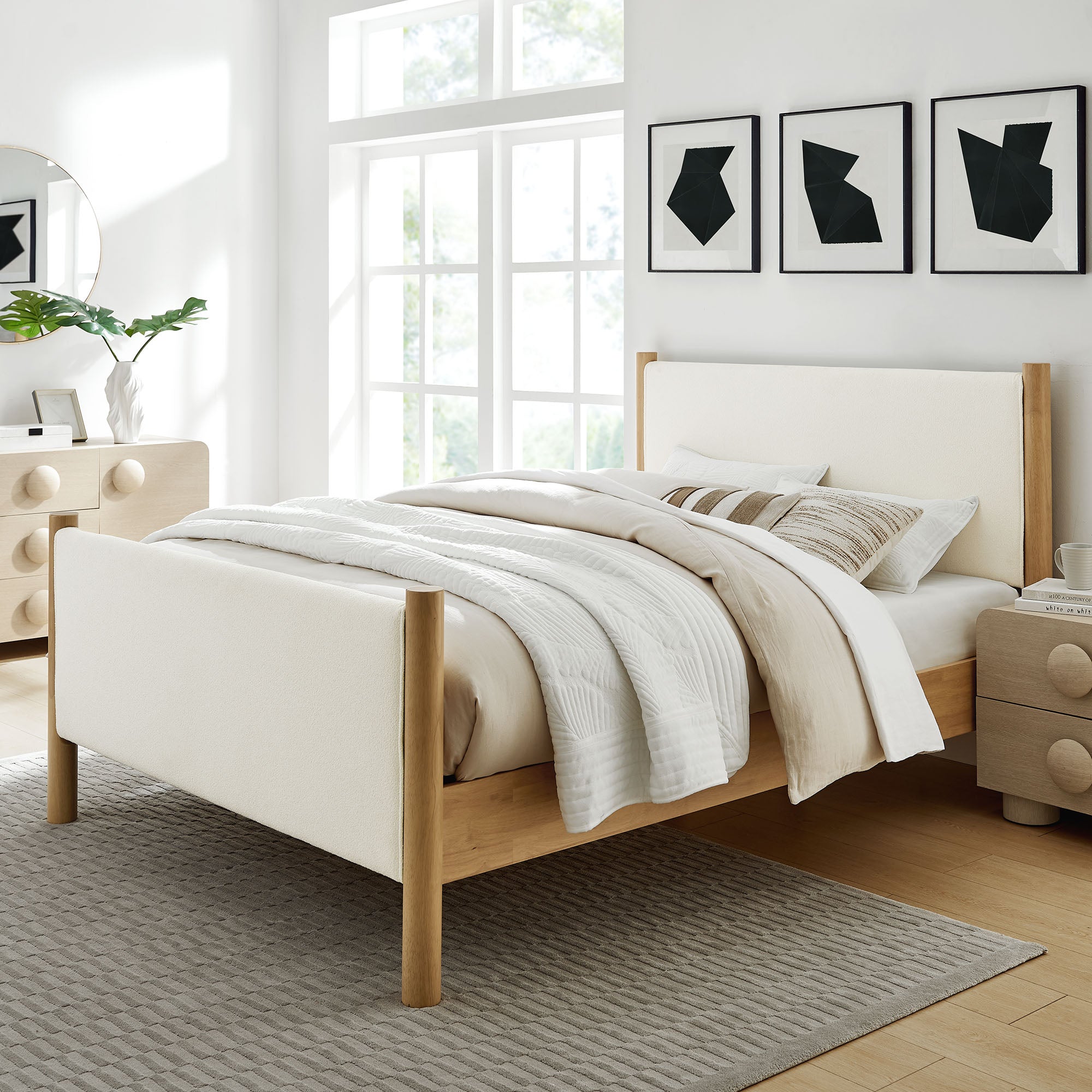 Maven Queen Size Boucle Upholstered Platform Bed, Feather Oak