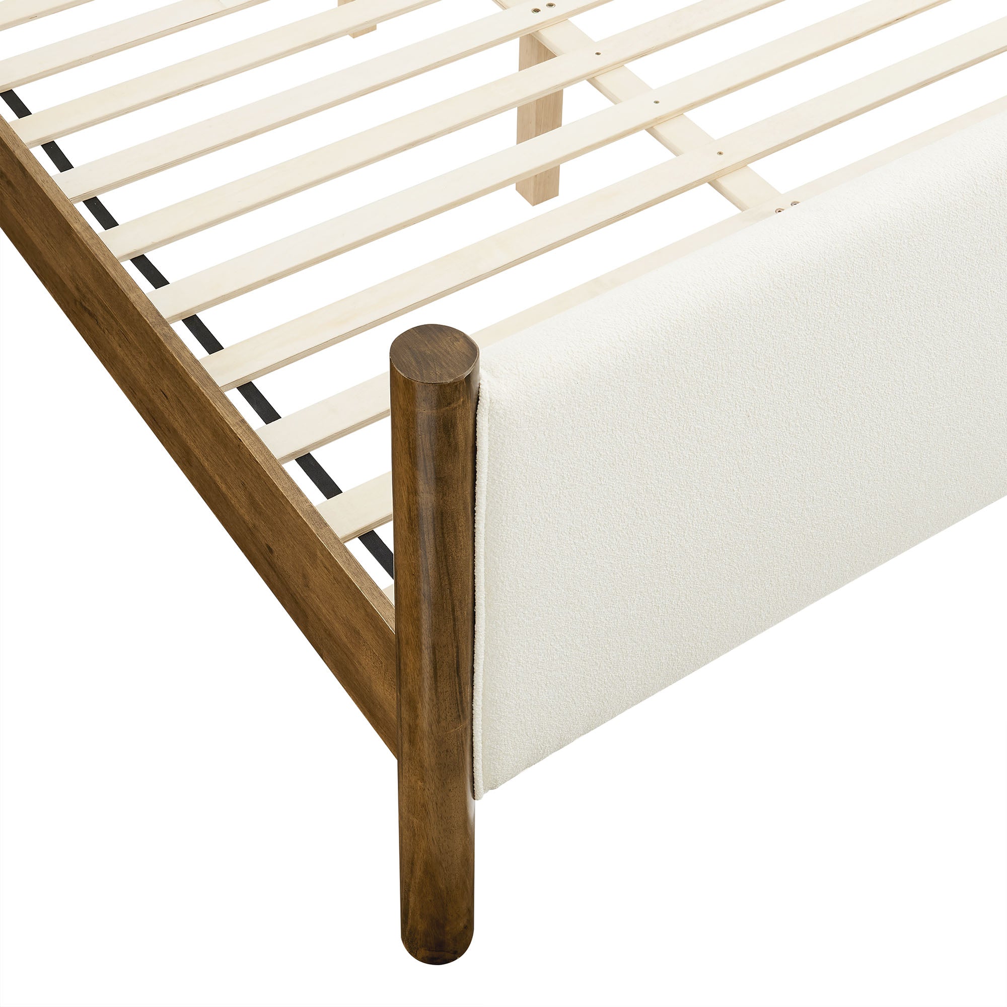 Maven Queen Size Boucle Upholstered Platform Bed, Feather Walnut