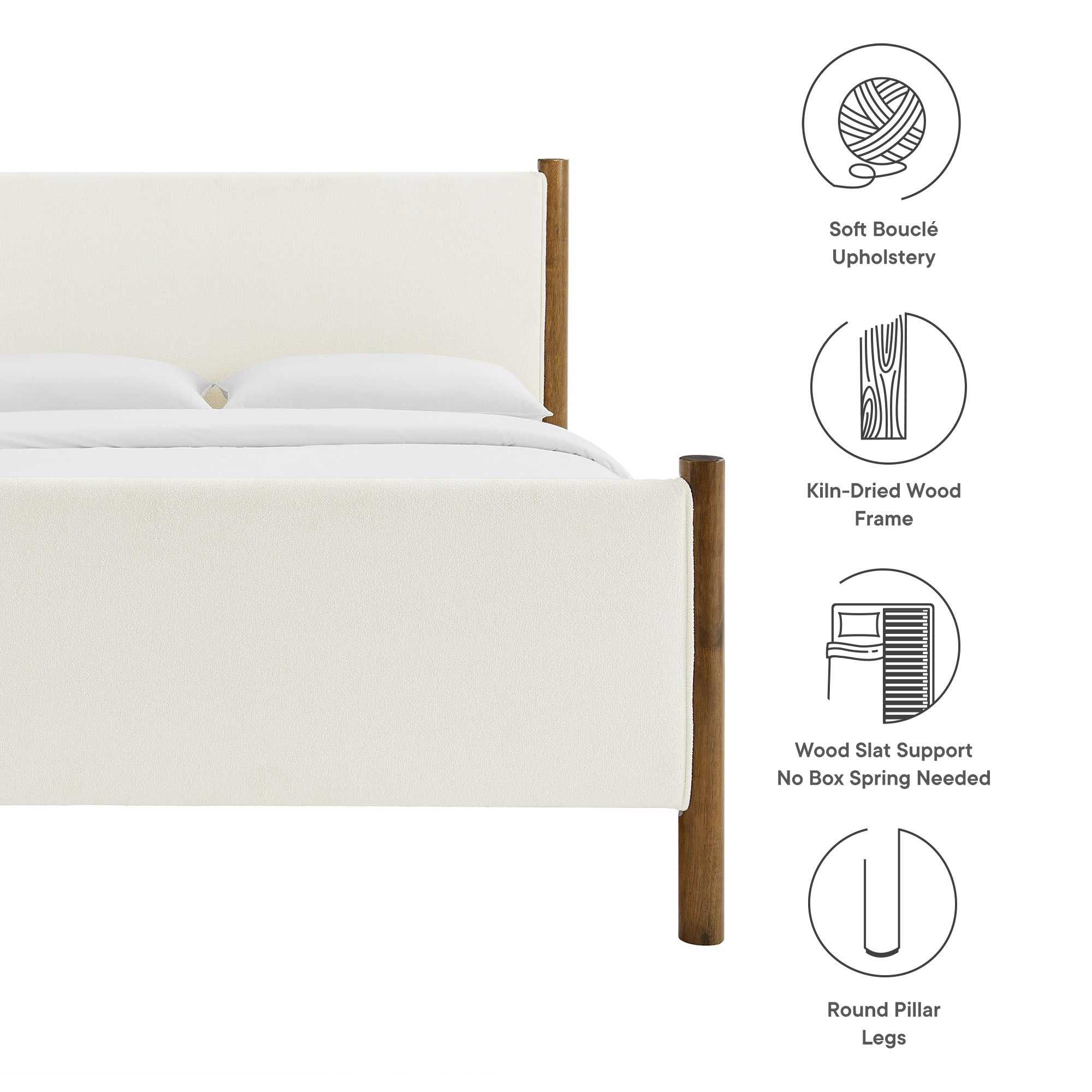 Maven Queen Size Boucle Upholstered Platform Bed, Feather Walnut