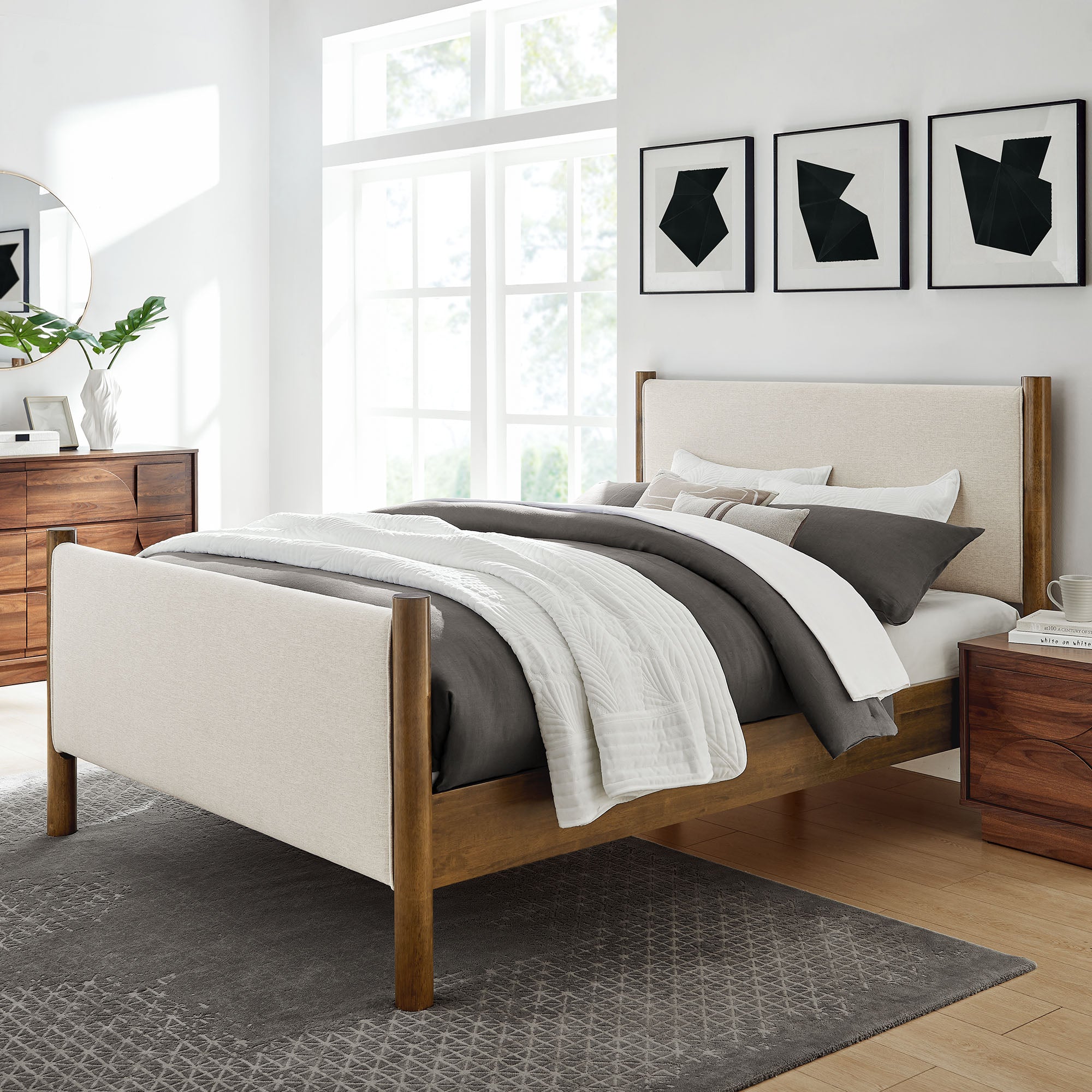 Maven King Size Fabric Upholstered Platform Bed, Ivory Walnut
