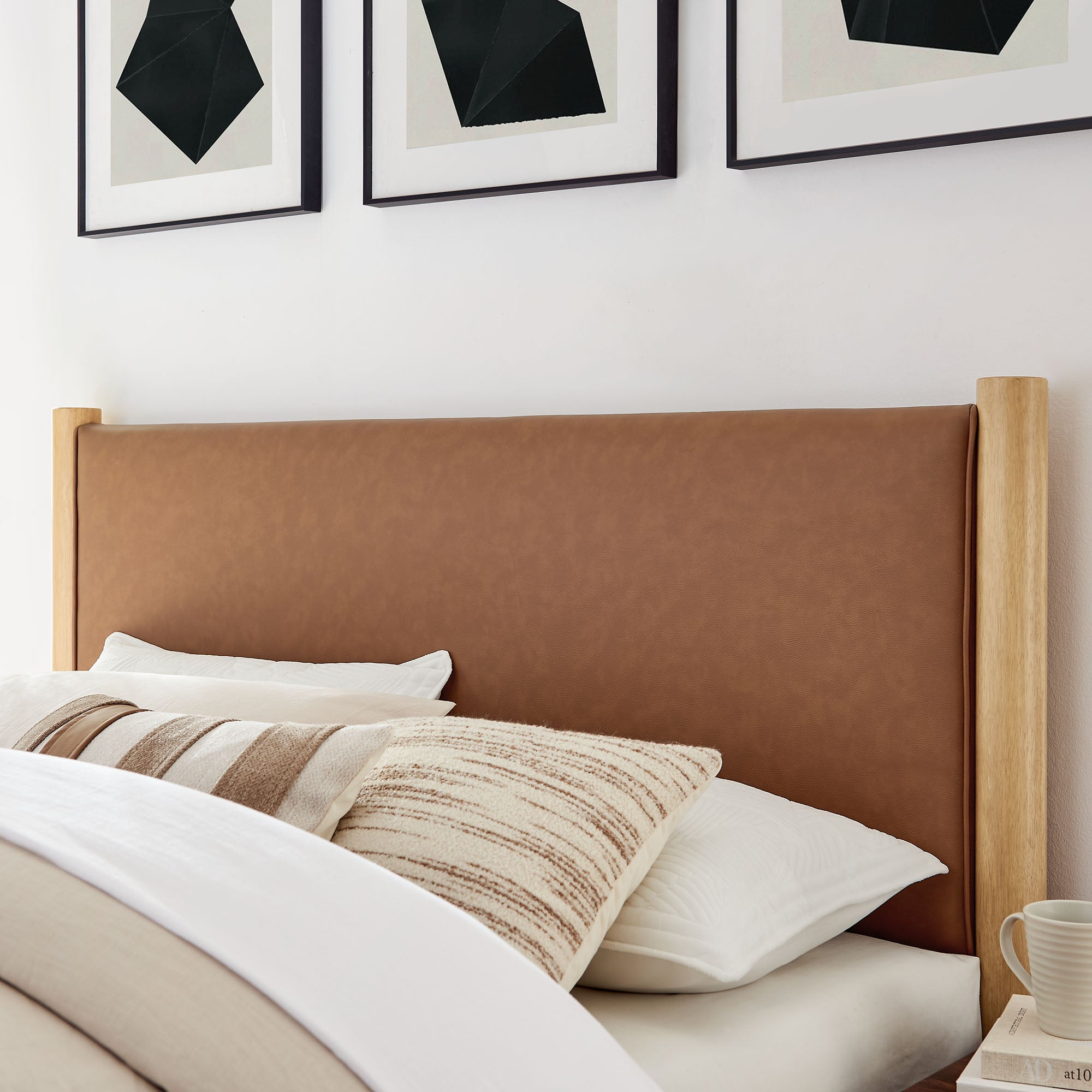Maven King Size Vegan Leather Upholstered Platform Bed, Tan Oak
