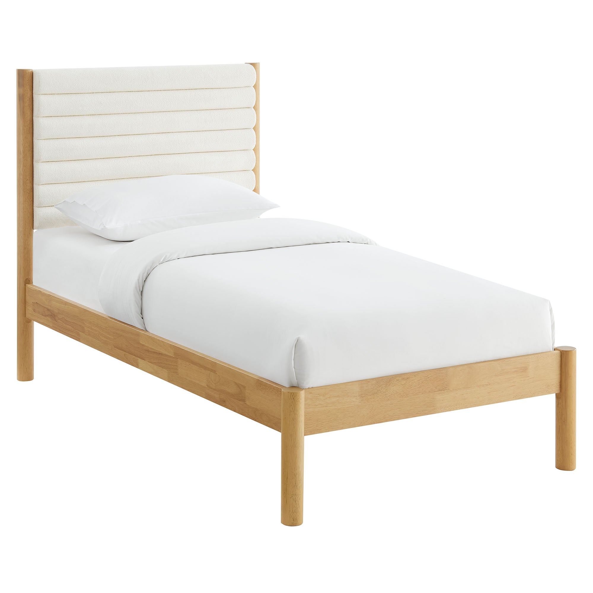 Olea Channel Tufted Boucle Solid Wood Twin Platform Bed, Feather Oak