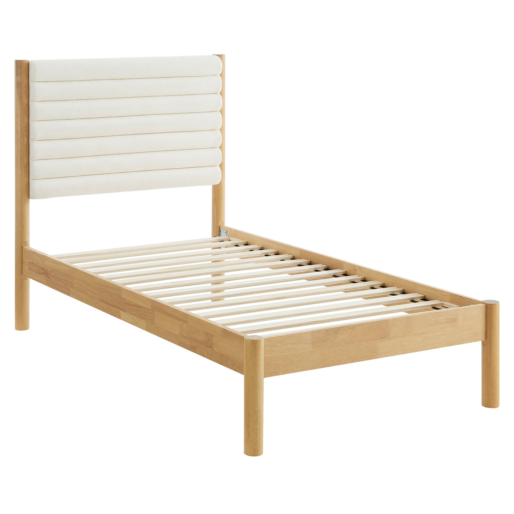 Olea Channel Tufted Boucle Solid Wood Twin Platform Bed, Feather Oak