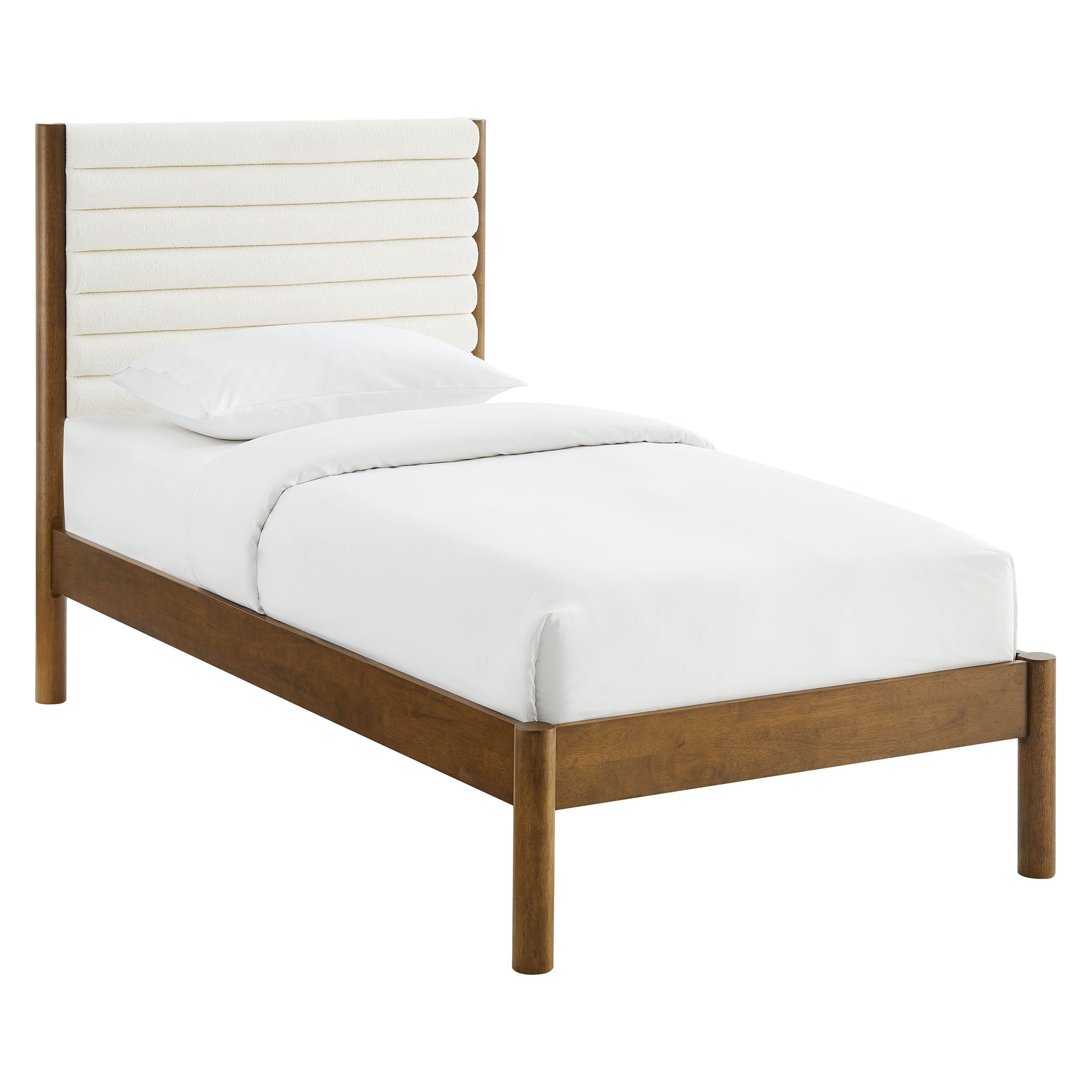 Olea Channel Tufted Boucle Solid Wood Twin Platform Bed, Feather Walnut