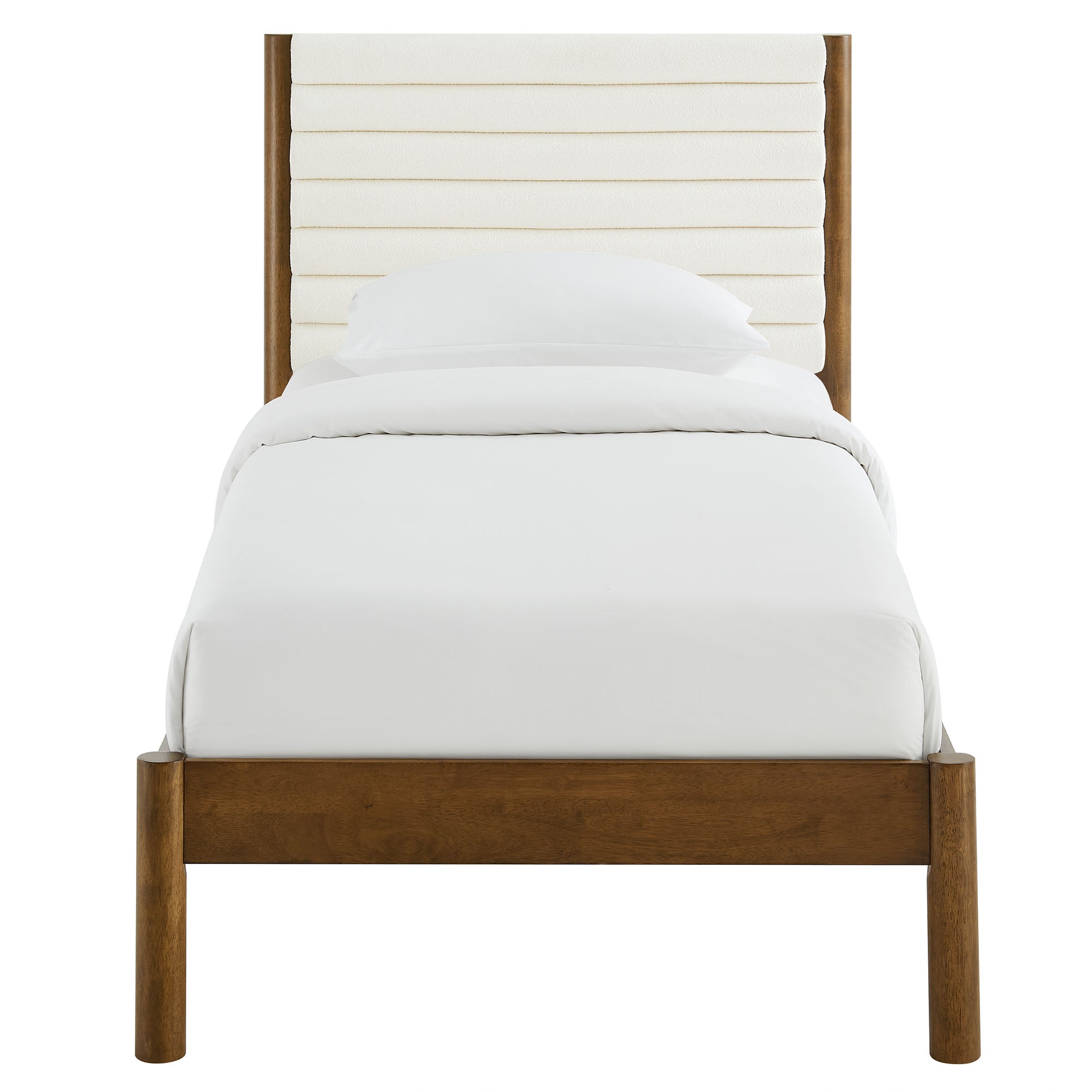 Olea Channel Tufted Boucle Solid Wood Twin Platform Bed, Feather Walnut