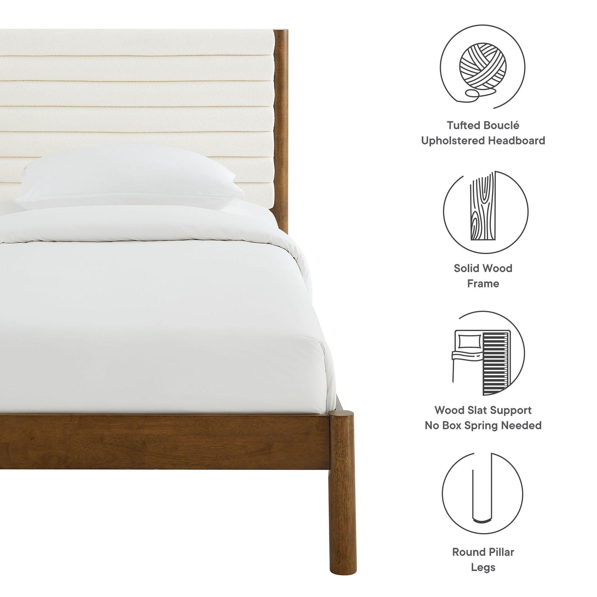 Olea Channel Tufted Boucle Solid Wood Twin Platform Bed, Feather Walnut