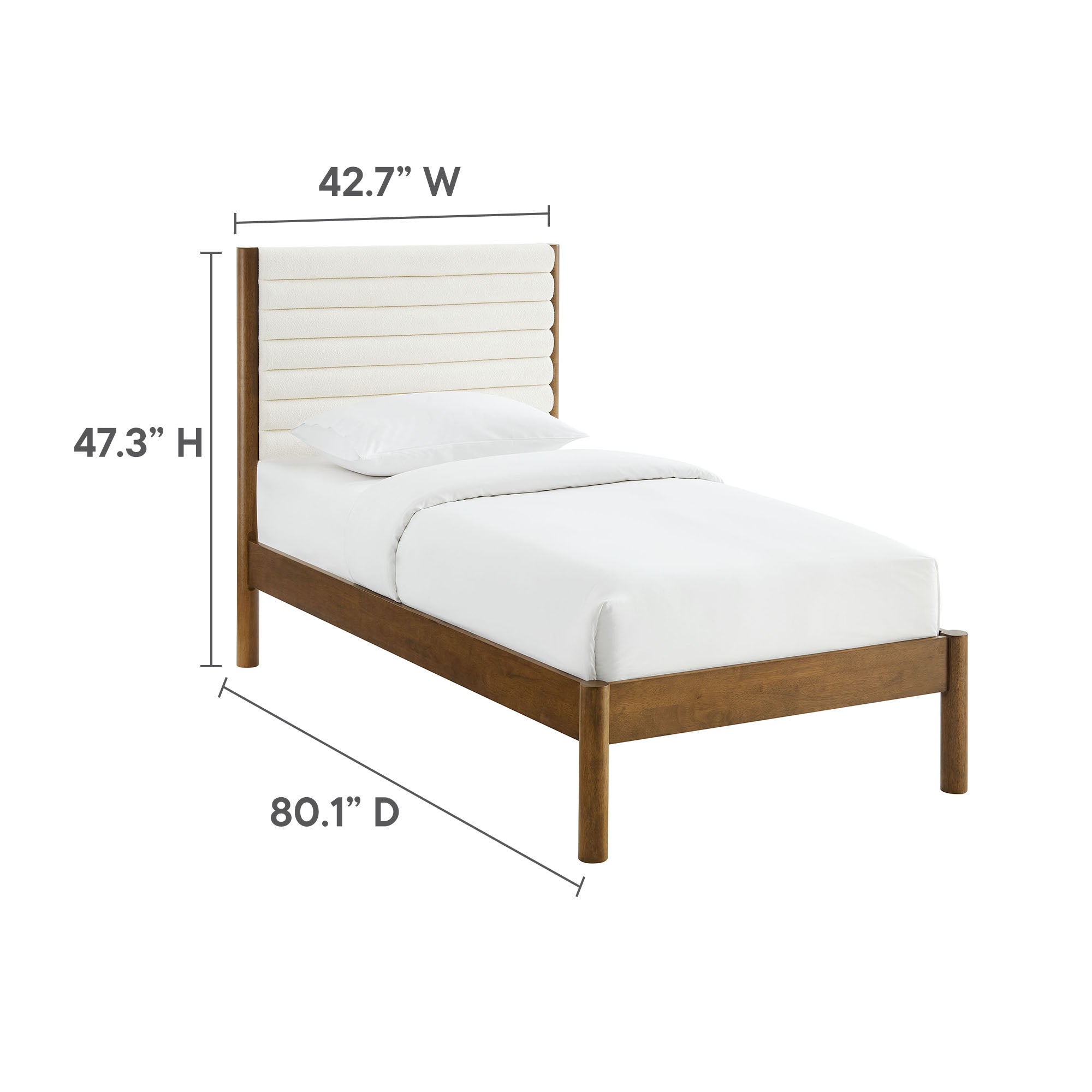 Olea Channel Tufted Boucle Solid Wood Twin Platform Bed, Feather Walnut