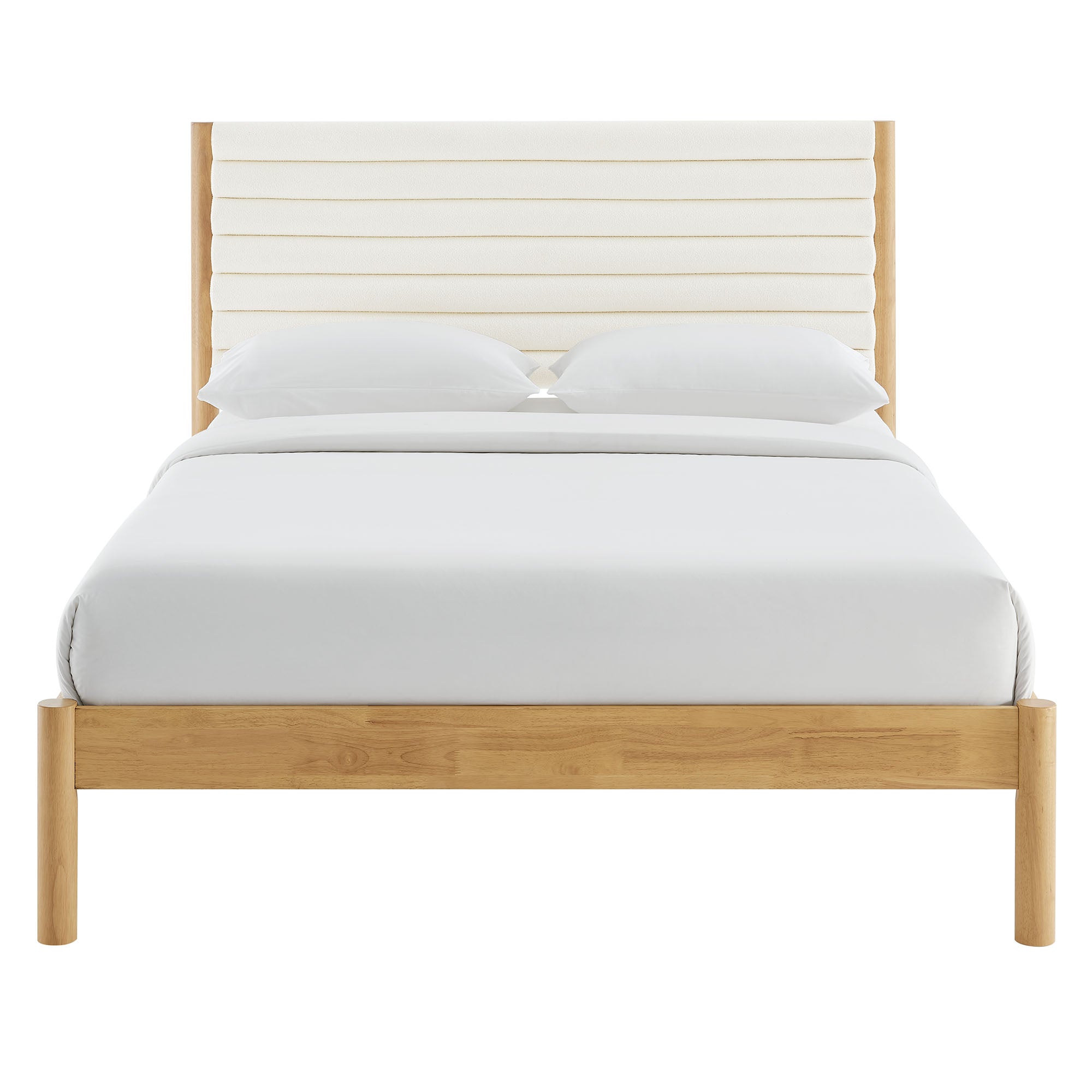 Olea Channel Tufted Boucle Solid Wood Queen Platform Bed, Feather Oak