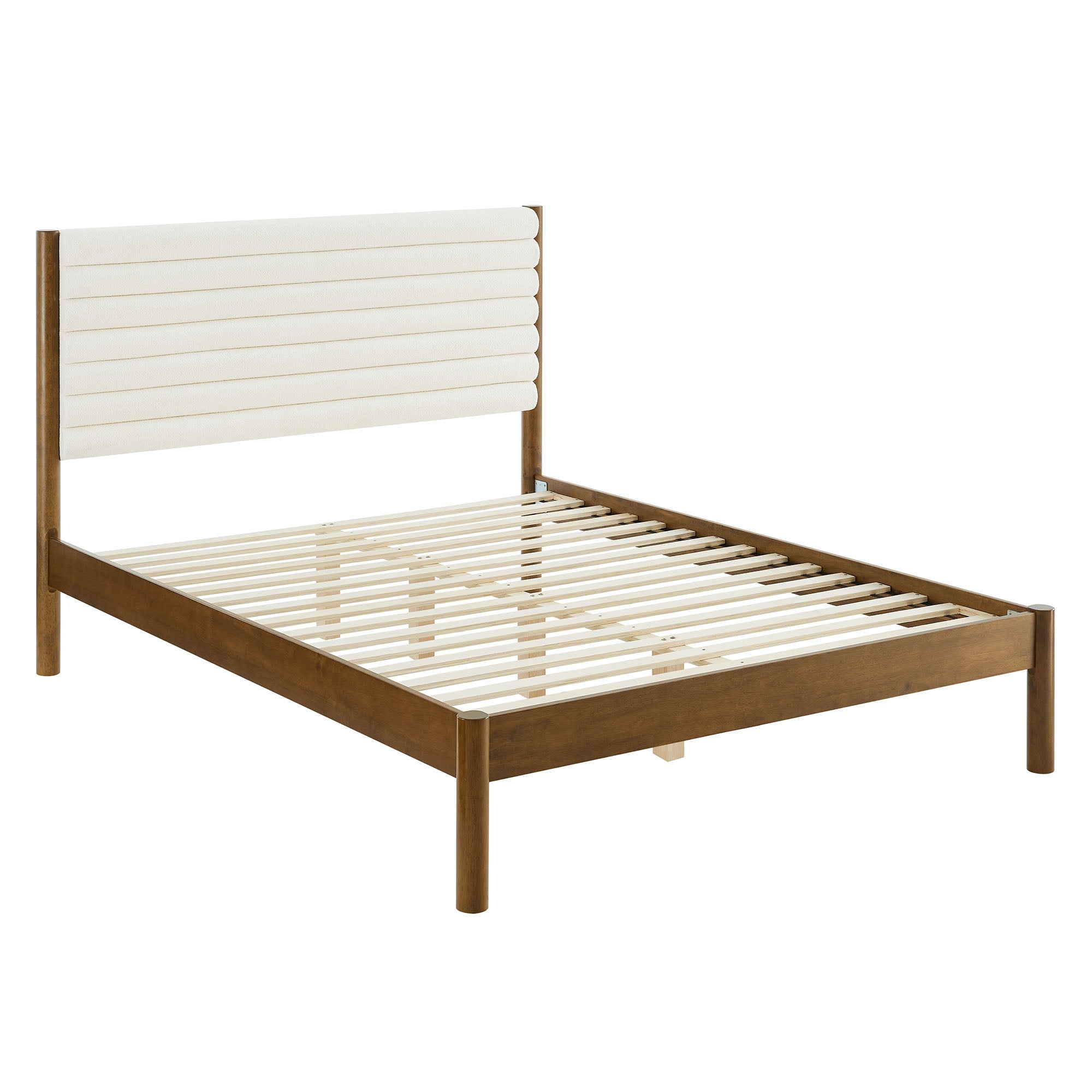 Olea Channel Tufted Boucle Solid Wood Queen Platform Bed, Feather Walnut