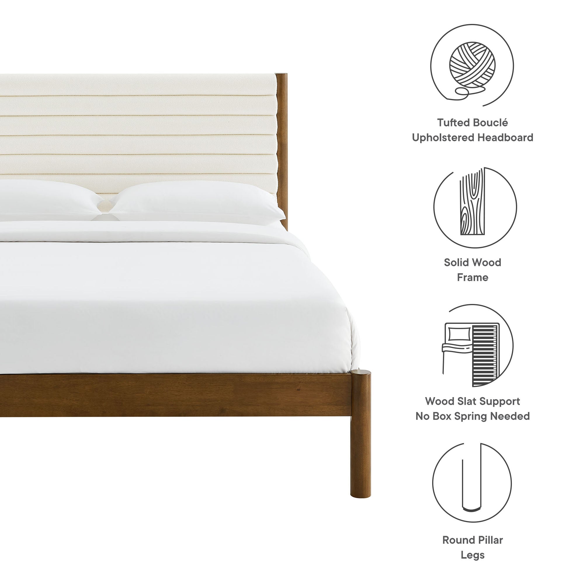 Olea Channel Tufted Boucle Solid Wood Queen Platform Bed, Feather Walnut
