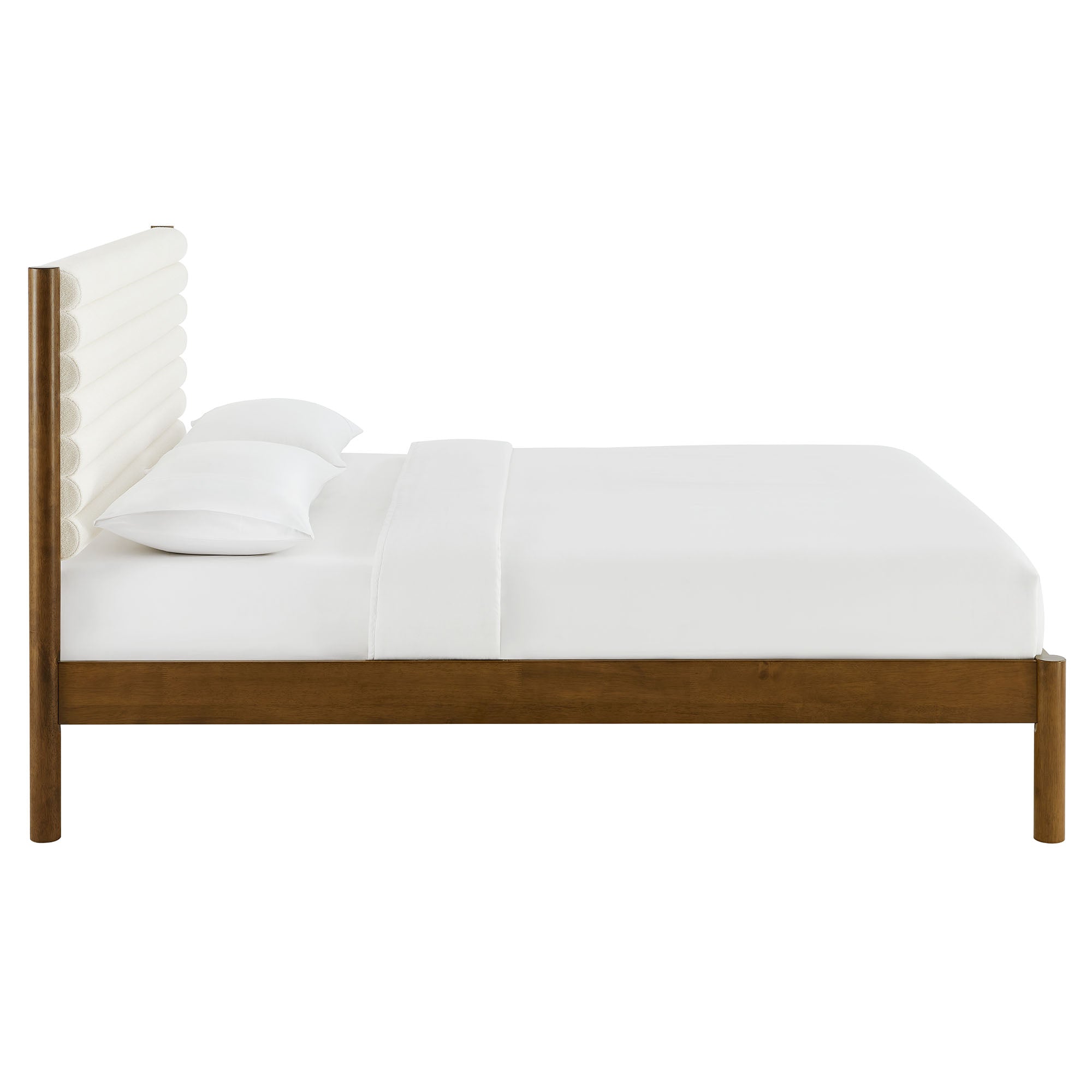 Olea Channel Tufted Boucle Solid Wood King Platform Bed, Feather Walnut