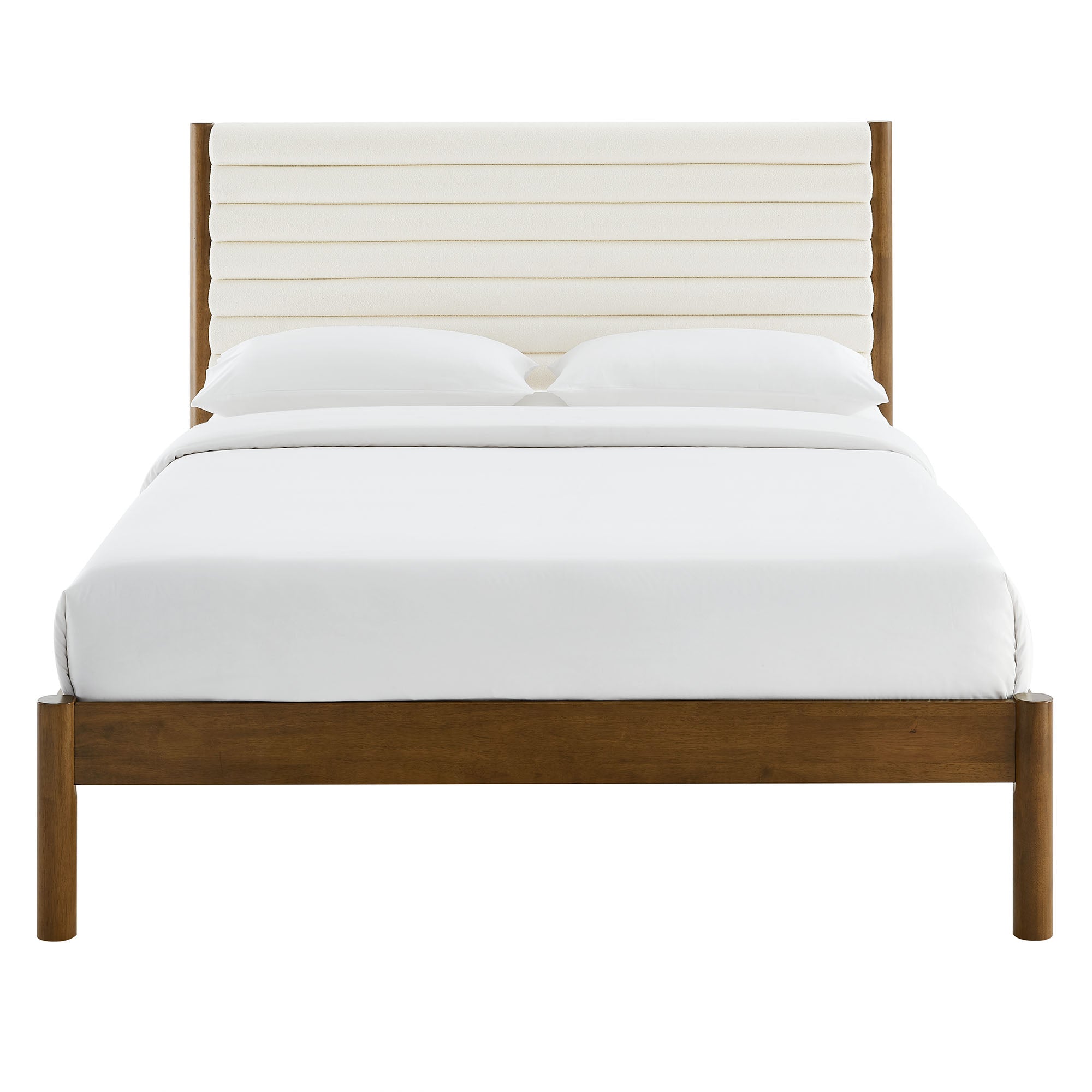 Olea Channel Tufted Boucle Solid Wood King Platform Bed, Feather Walnut