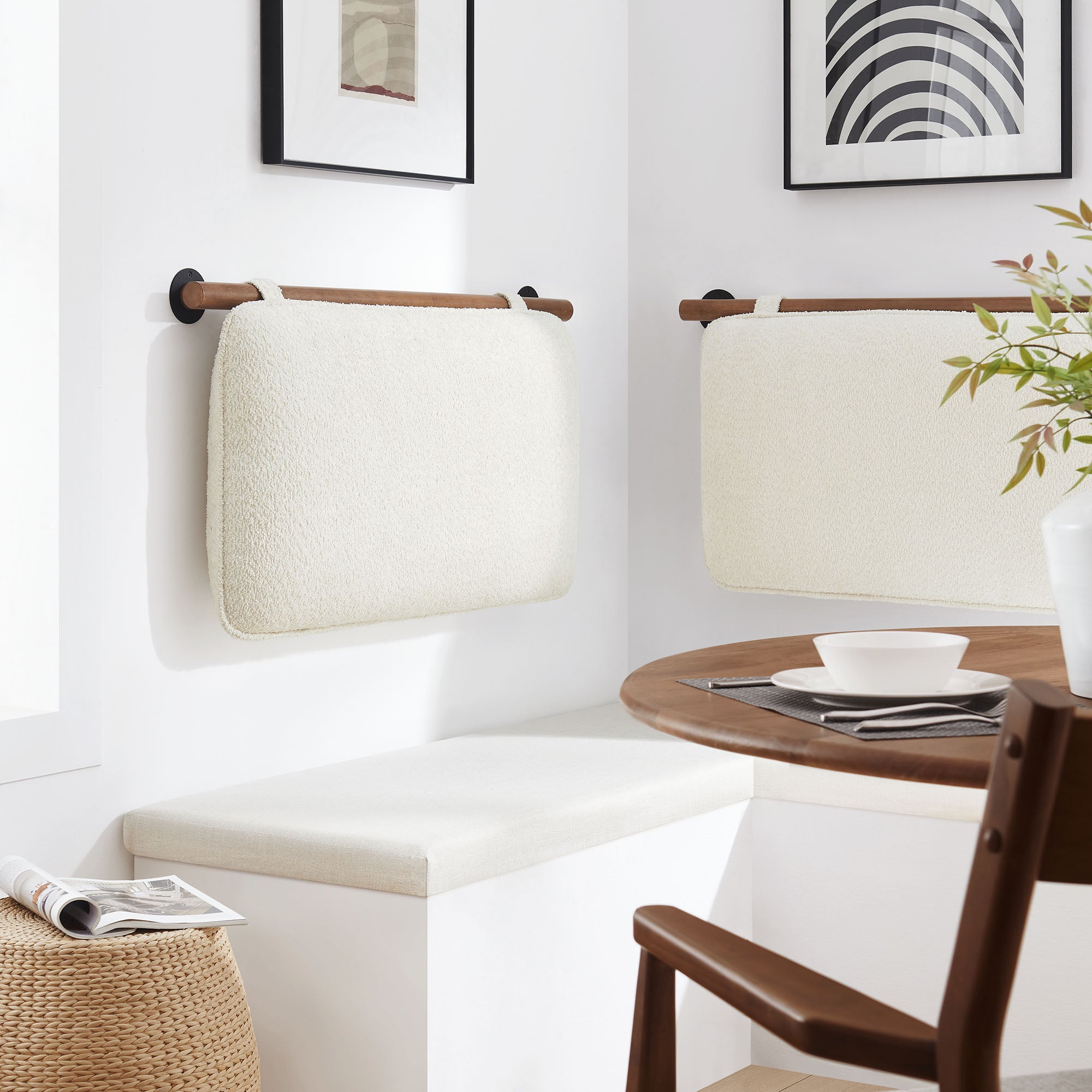 Anela Wall-Mounted Chenille Upholstered Twin Headboard, Cream Walnut