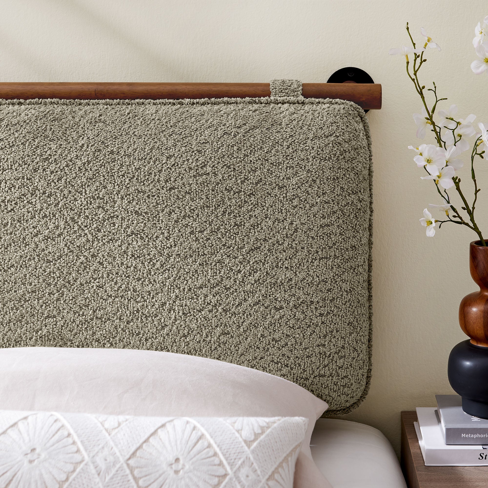 Anela Wall-Mounted Chenille Upholstered Twin Headboard, Oat Walnut
