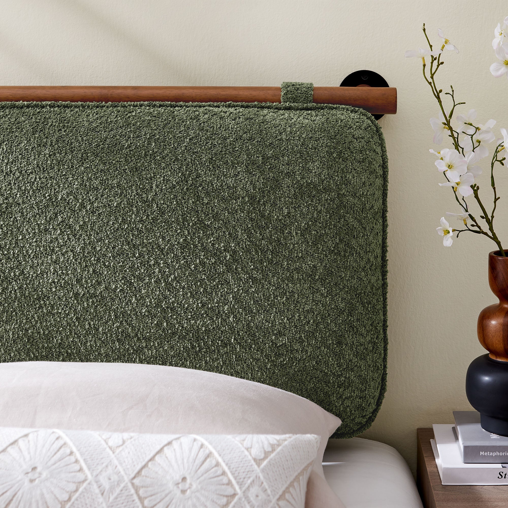 Anela Wall-Mounted Chenille Upholstered Twin Headboard, Sage Walnut