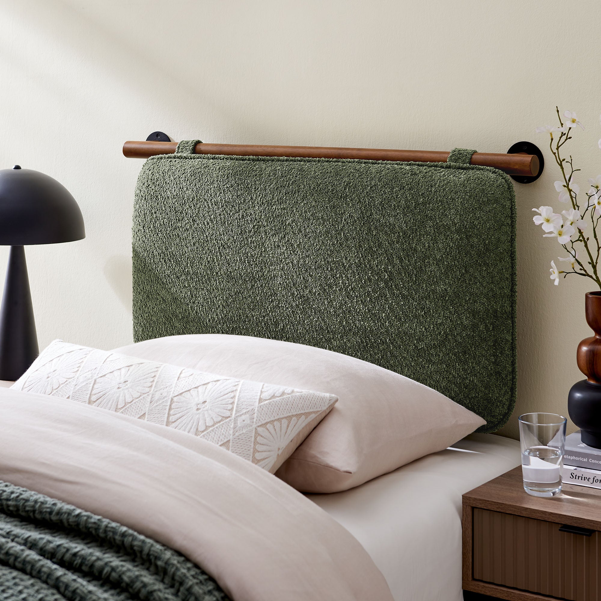 Anela Wall-Mounted Chenille Upholstered Twin Headboard, Sage Walnut