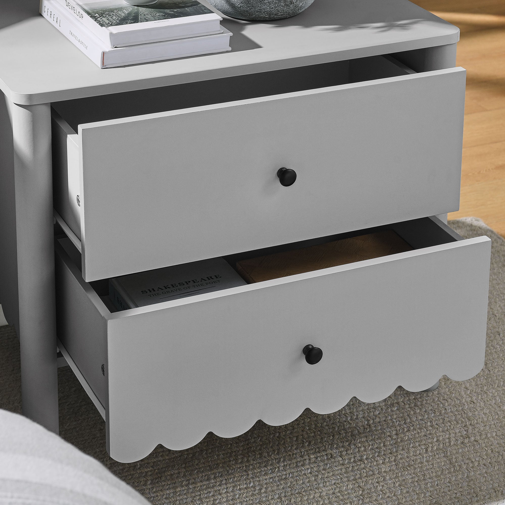 Emmeline Scalloped 2-Drawer Nightstand, Light Gray