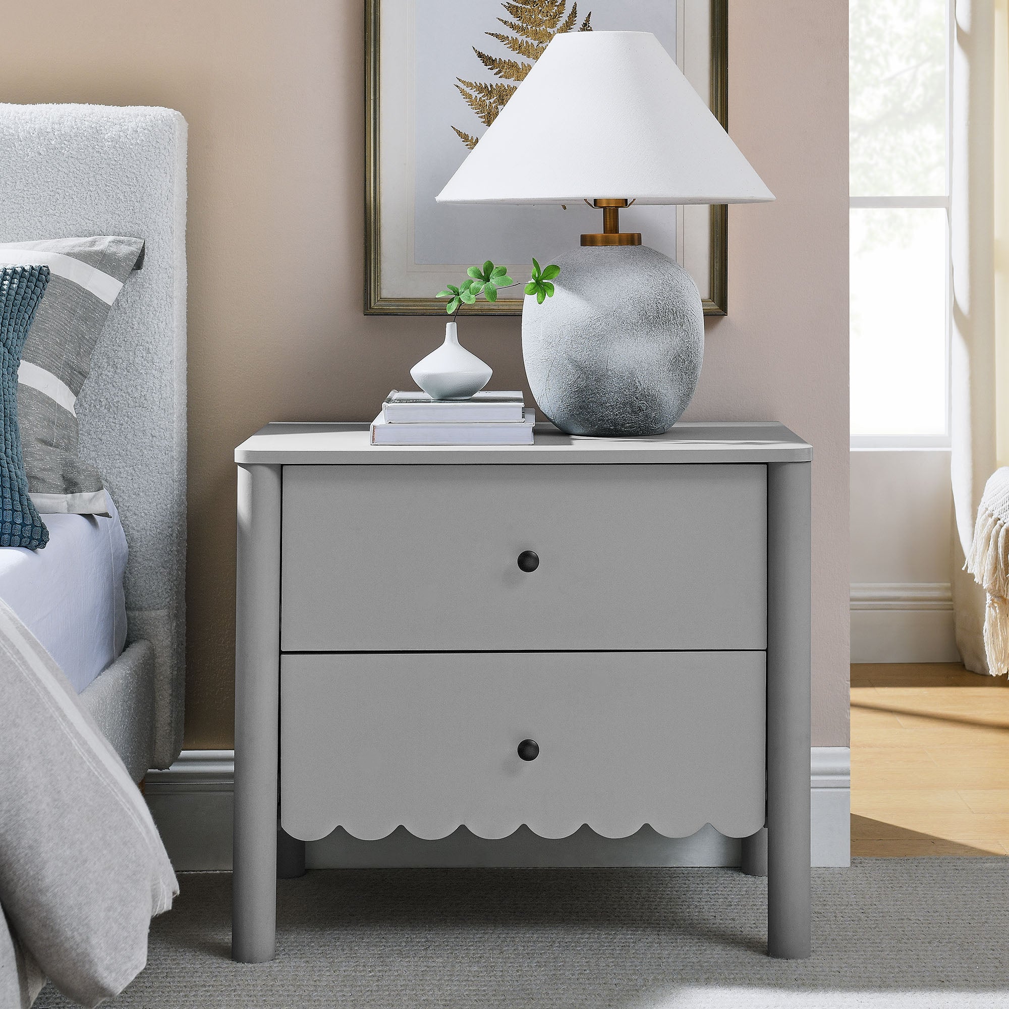 Emmeline Scalloped 2-Drawer Nightstand, Light Gray