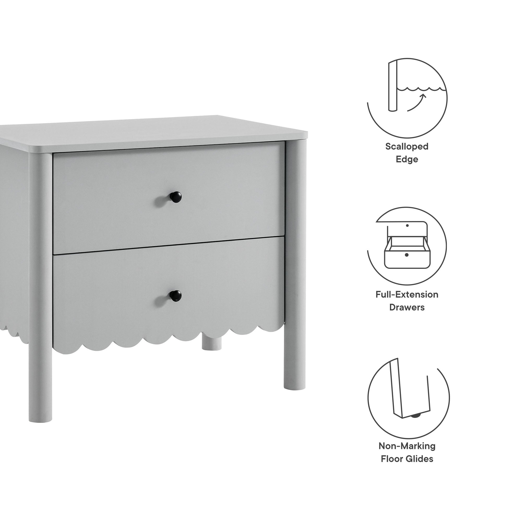 Emmeline Scalloped 2-Drawer Nightstand, Light Gray