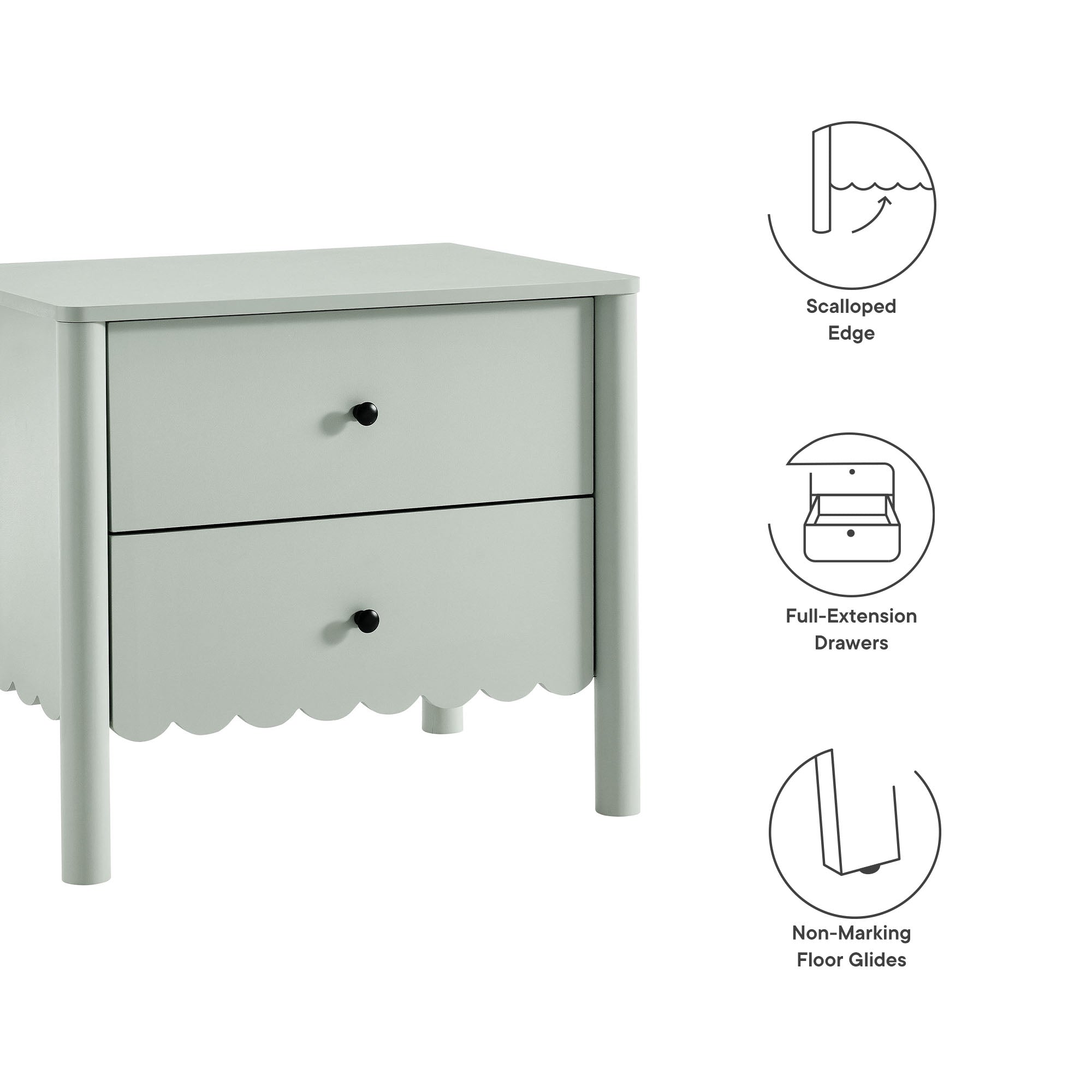 Emmeline Scalloped 2-Drawer Nightstand, Sage