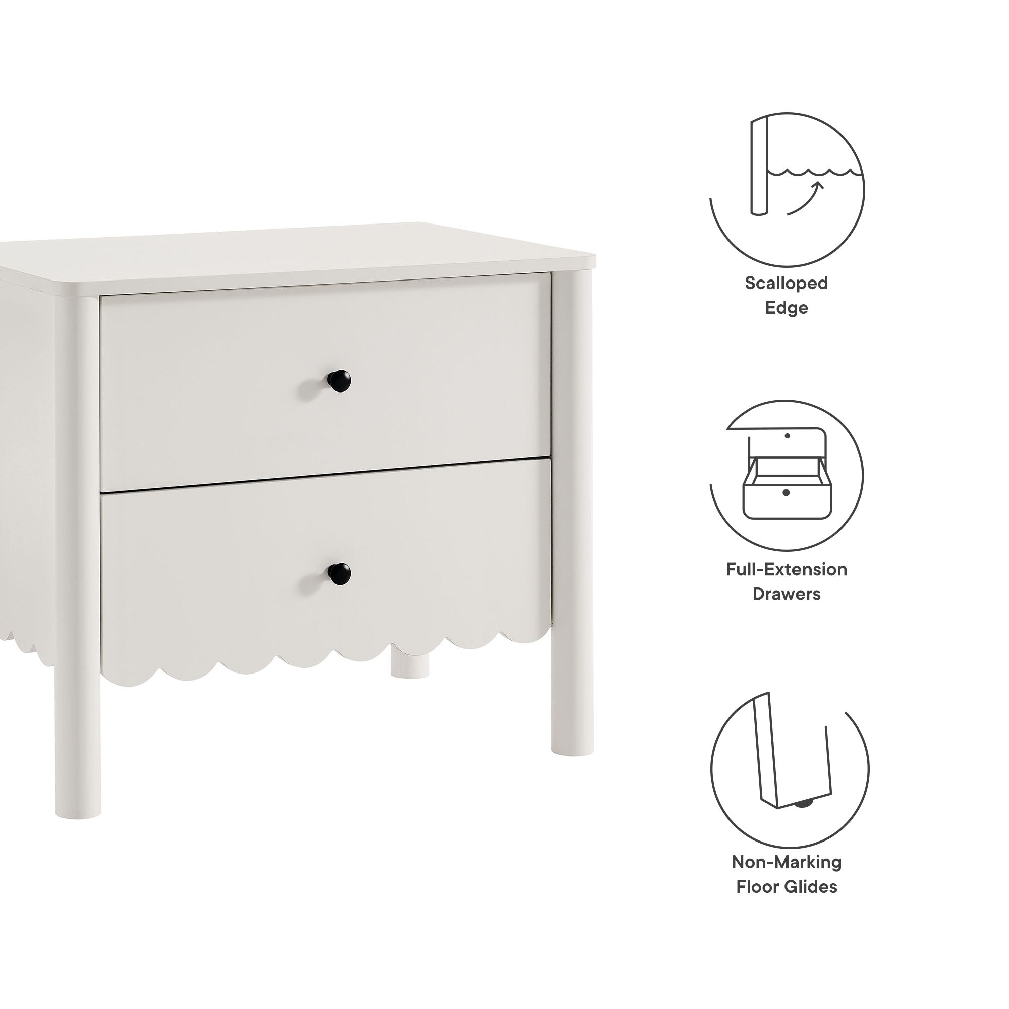 Emmeline Scalloped 2-Drawer Nightstand, White