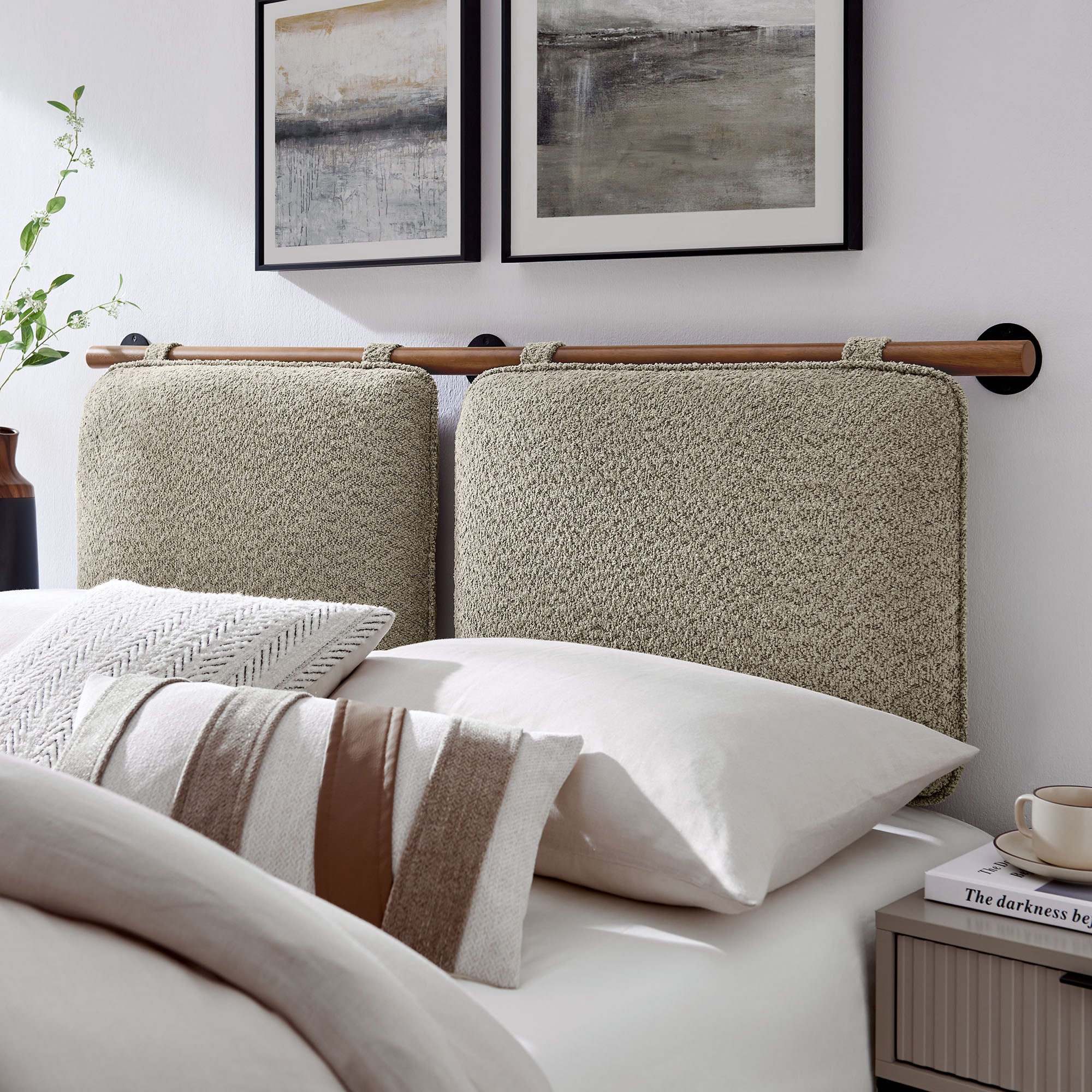 Anela Wall-Mounted Chenille Upholstered Full Headboard, Oatmeal Walnut