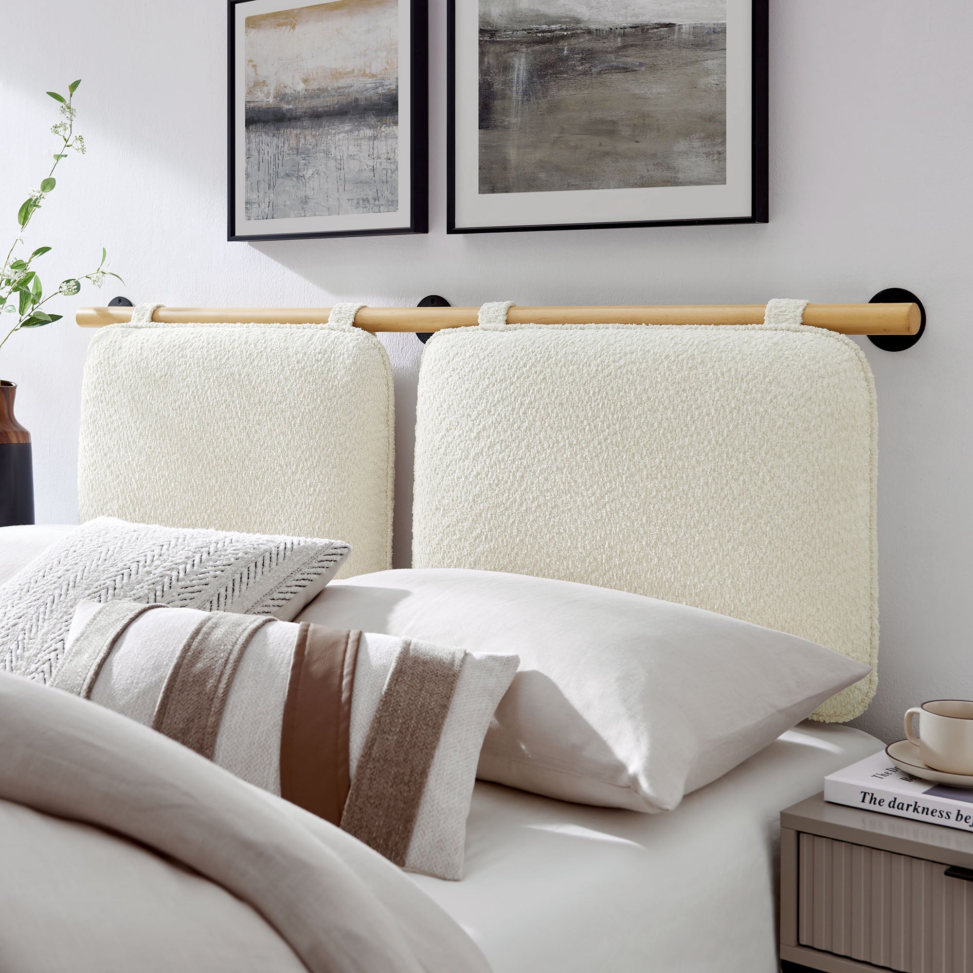 Anela Wall-Mounted Chenille Upholstered Queen Headboard, Cream Natural