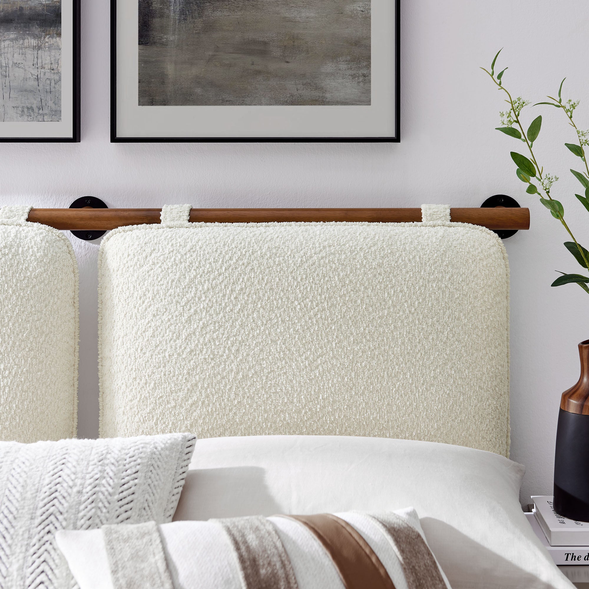 Anela Wall-Mounted Chenille Upholstered Queen Headboard, Cream Walnut