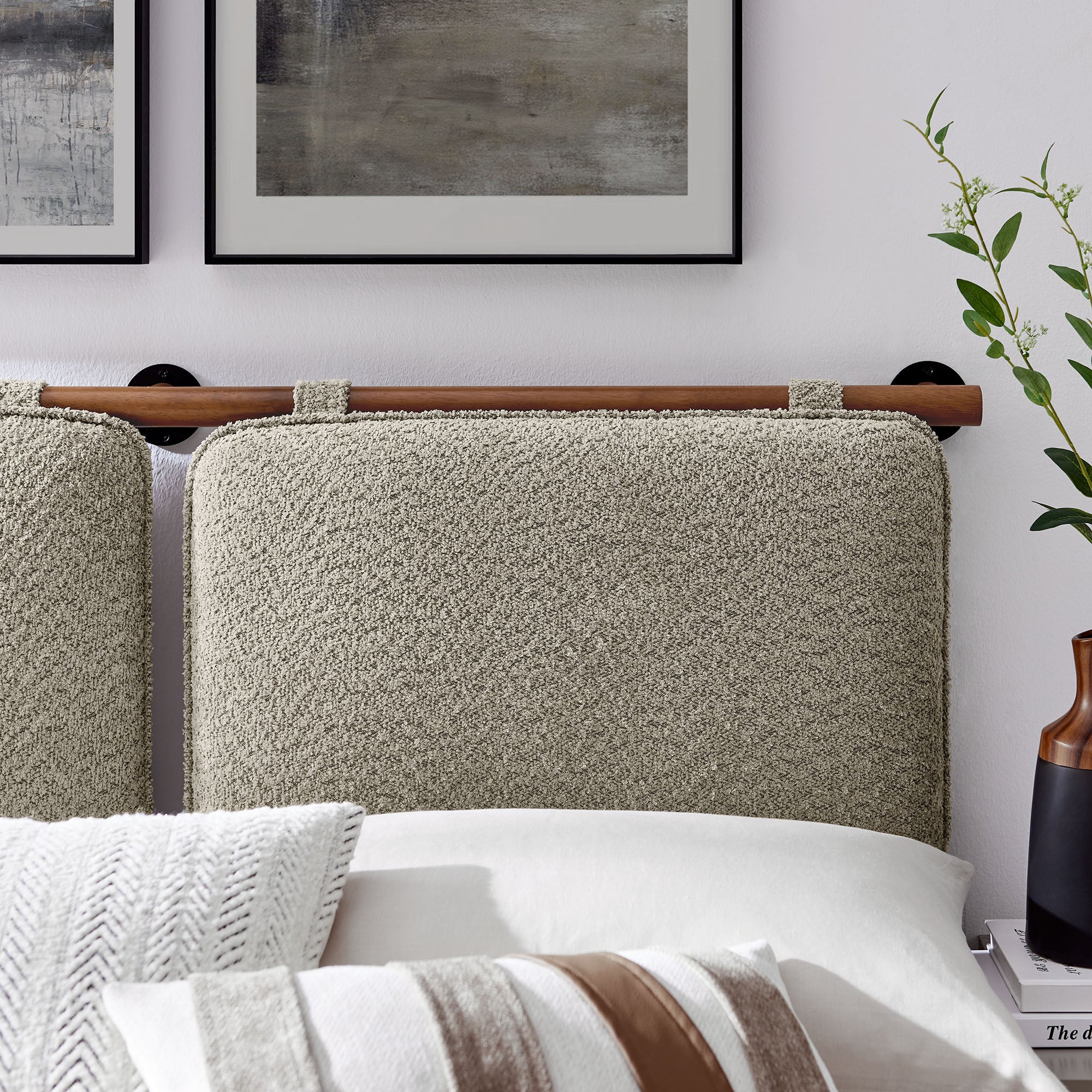 Anela Wall-Mounted Chenille Upholstered King Size Headboard, Oatmeal Walnut