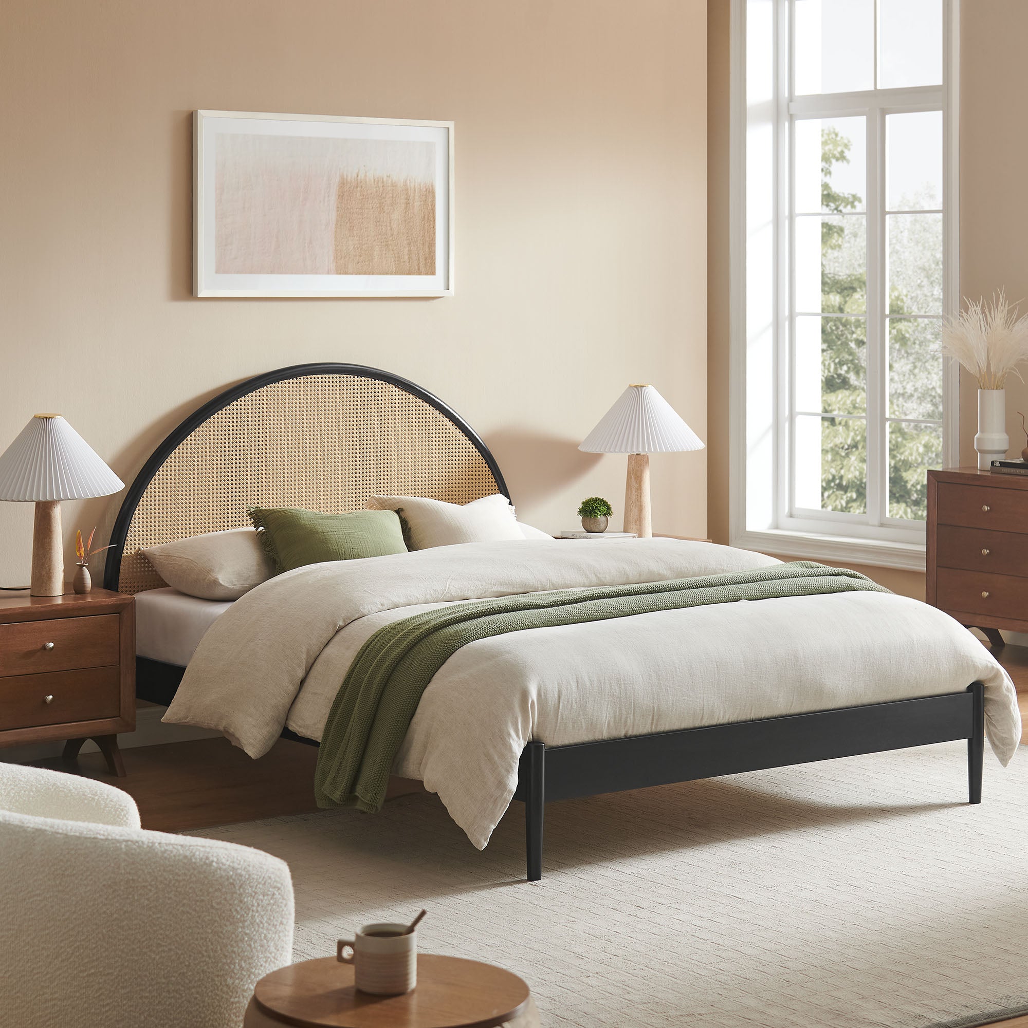 Odette Queen Arched Rattan Cane Platform Bed, Black