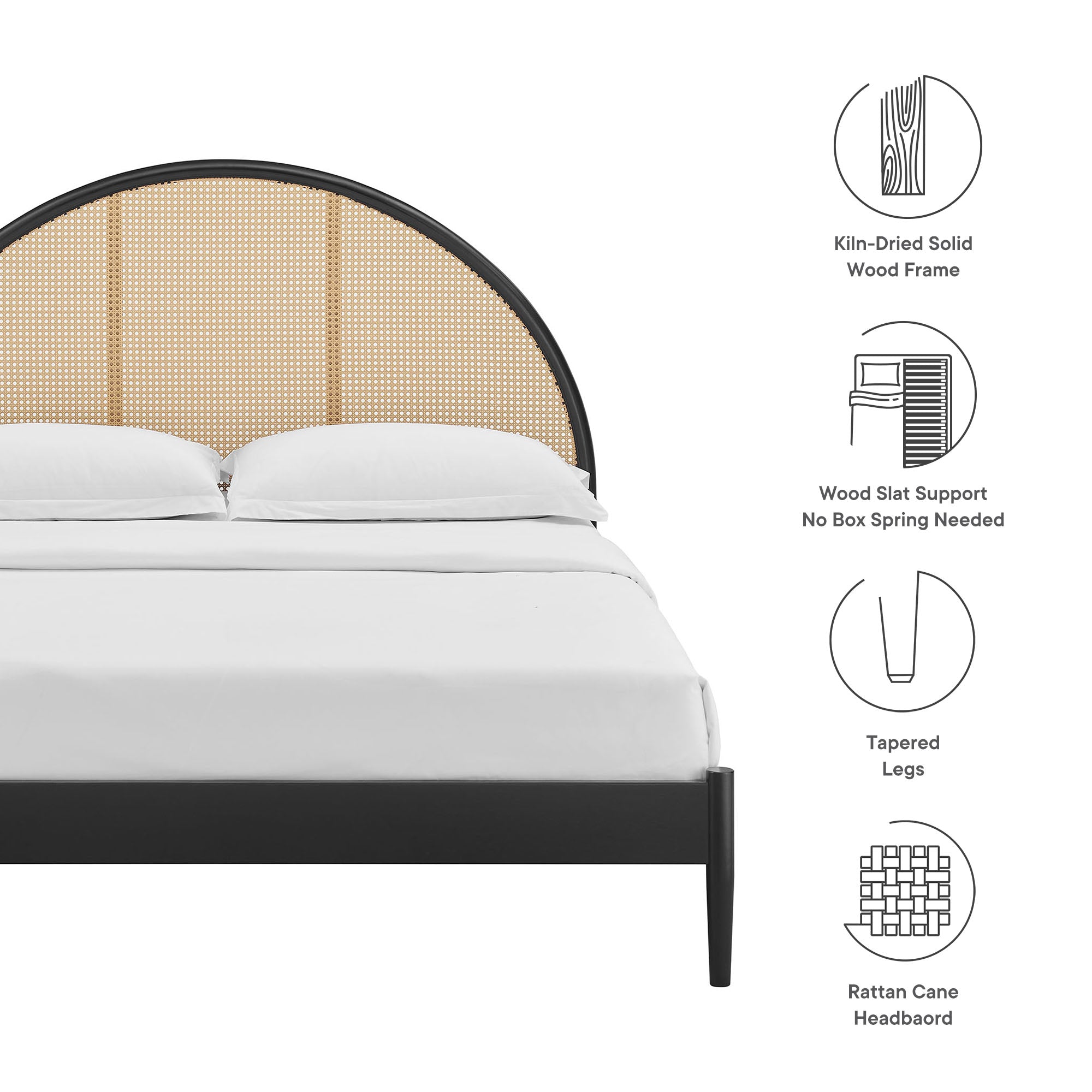 Odette Queen Arched Rattan Cane Platform Bed, Black